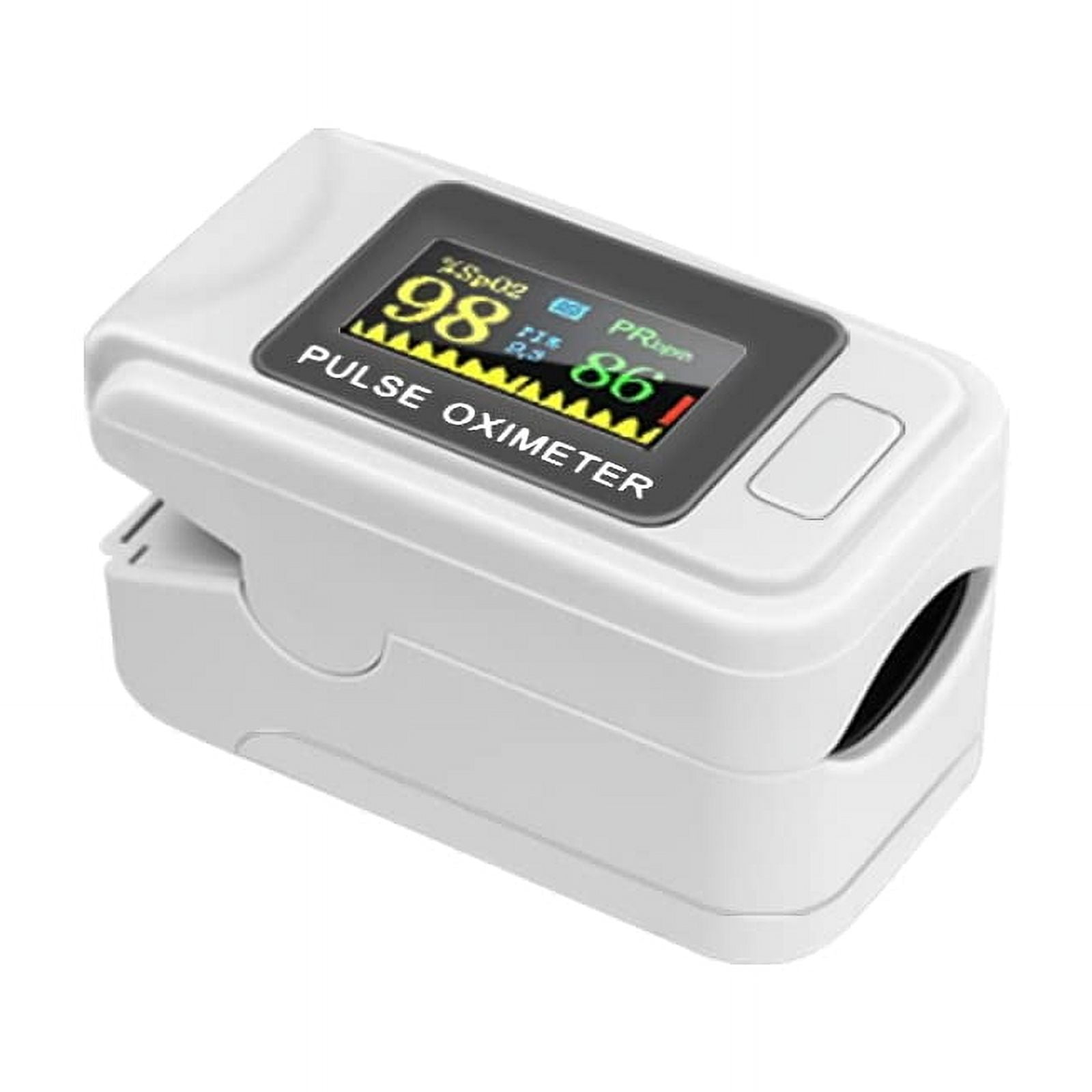 Weißer Pulsoximeter, Bildschirm zeigt Zahlen an. Text: %SpO2, PRbpm, Pulsoximeter.