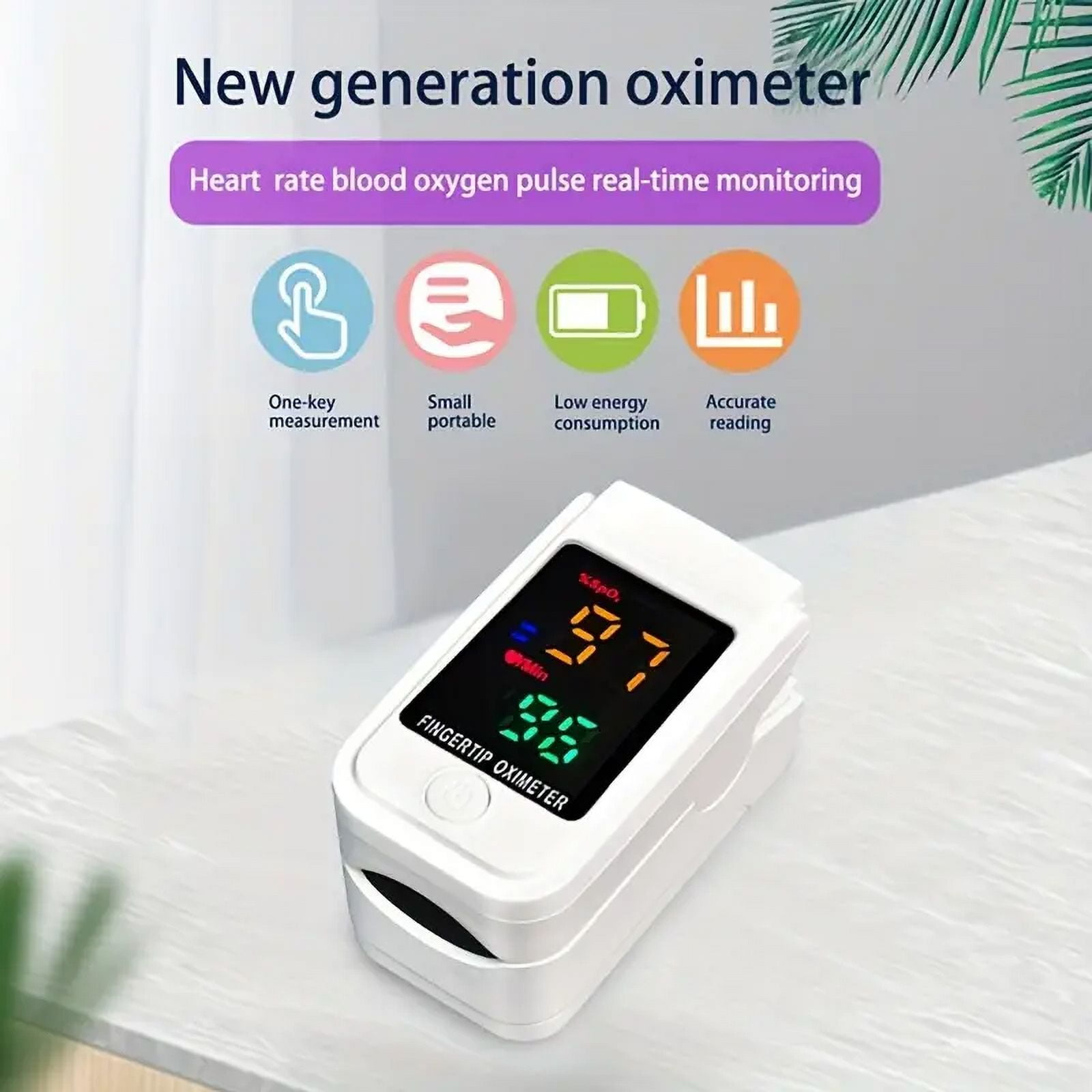Ein weißes Fingerspitzen-Oximeter mit digitaler Anzeige, die Blutsauerstoff- und Herzfrequenzwerte anzeigt.