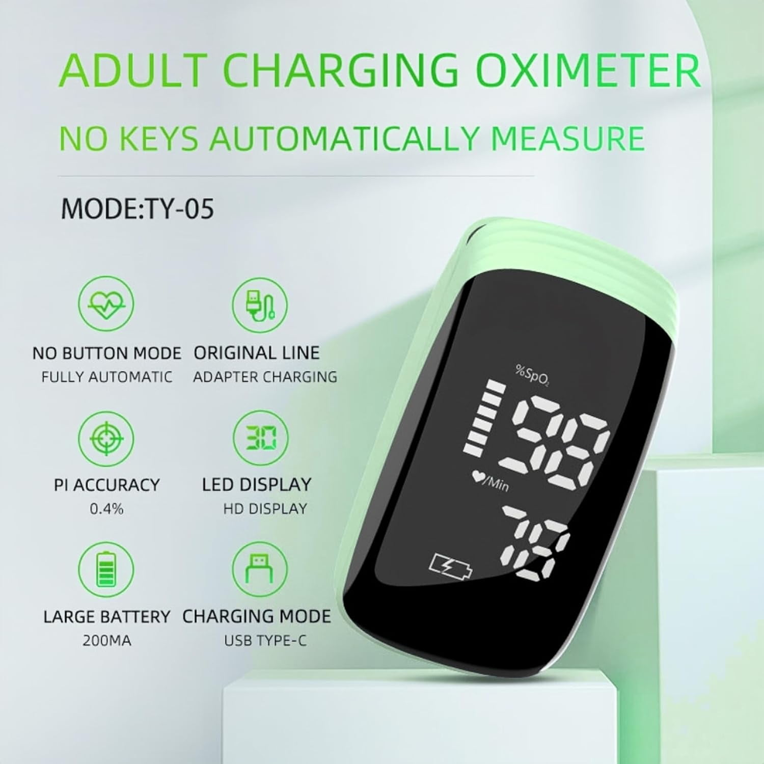 Grünes und weißes Oximeter-Gerät mit Bildschirm, Textüberlagerung.