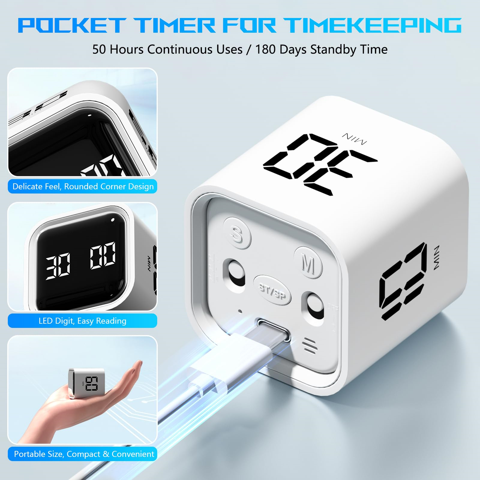 Ein weißer würfelförmiger Timer mit digitaler Anzeige und Start/Stopp-Tasten.