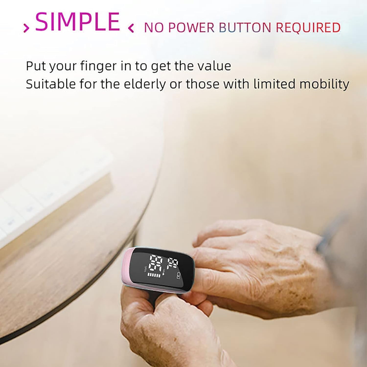 Person benutzt ein rosa Pulsoximeter. Text sagt: „Legen Sie Ihren Finger ein, um den Wert zu erhalten“.