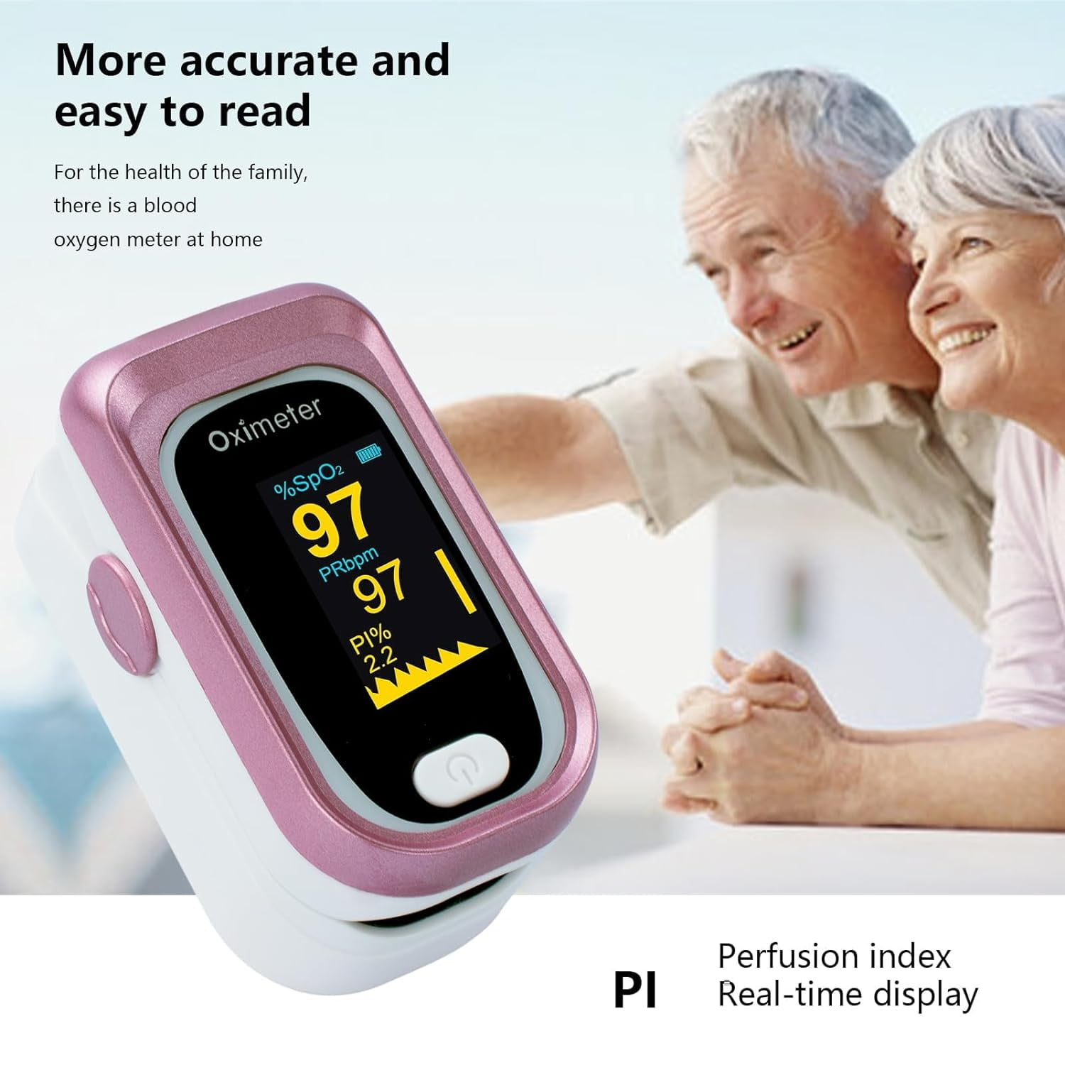 Älteres Ehepaar benutzt ein Oximeter. Das Gerät zeigt einen Wert an.