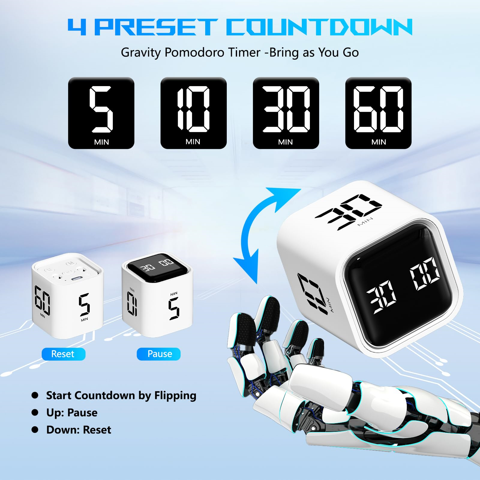 Ein weißer Würfel-Timer mit digitaler Anzeige und Tasten, der mehrere Countdown-Zeiten und Benutzerinteraktion zeigt.