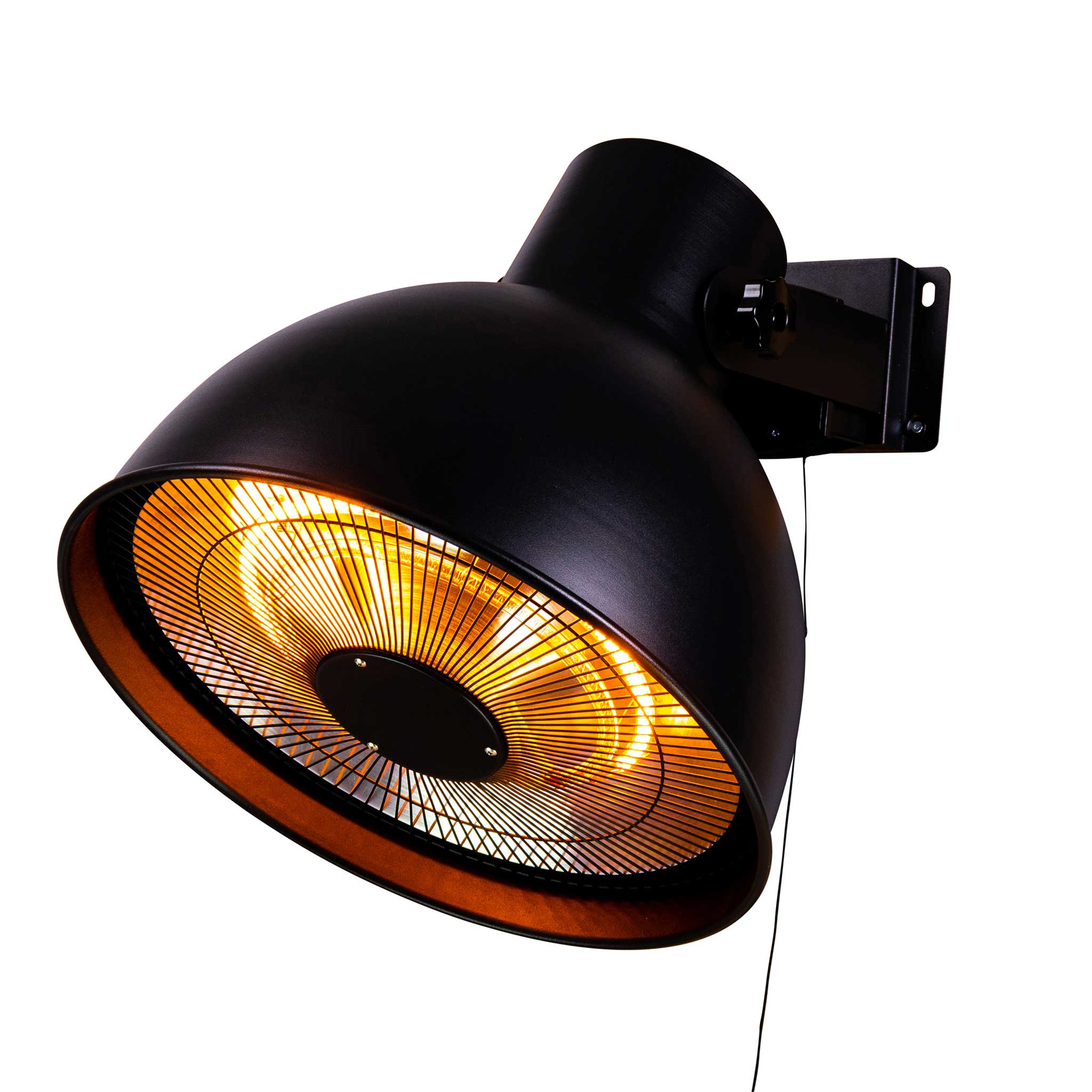 Czarny, naścienny promiennik podczerwieni z jasnopomarańczową poświatą.