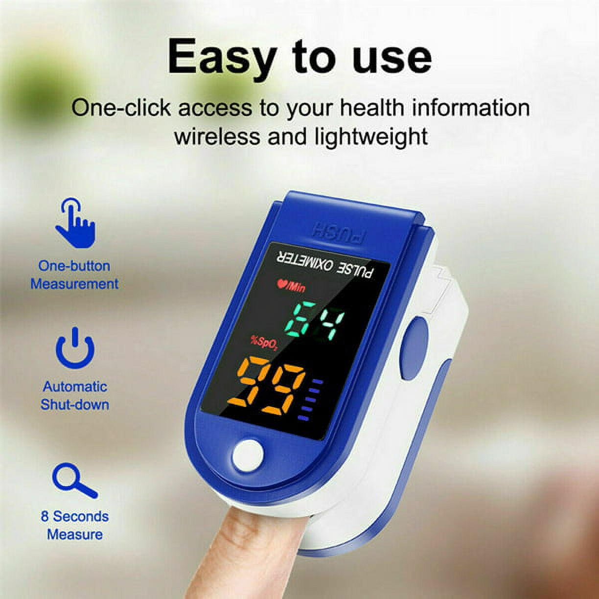 Blau-weißes Pulsoximeter an einem Finger, das 99 % SpO2 und 64 bpm anzeigt.