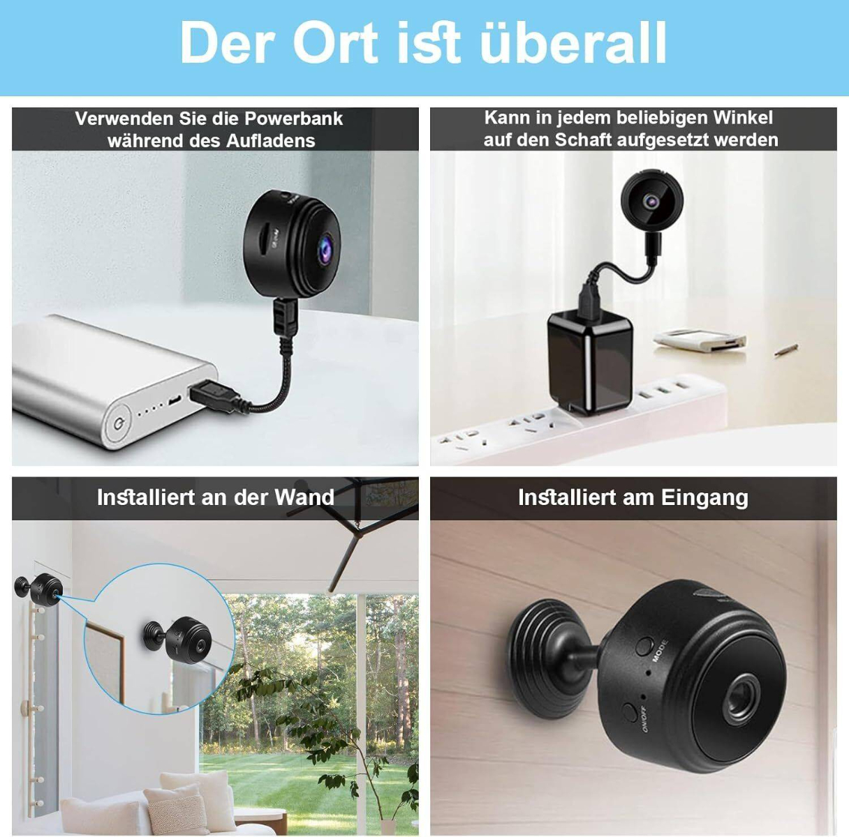 Minikamera in verschiedenen Szenarien. Sie ist an eine Stromquelle angeschlossen. Die Kamera ist schwarz.