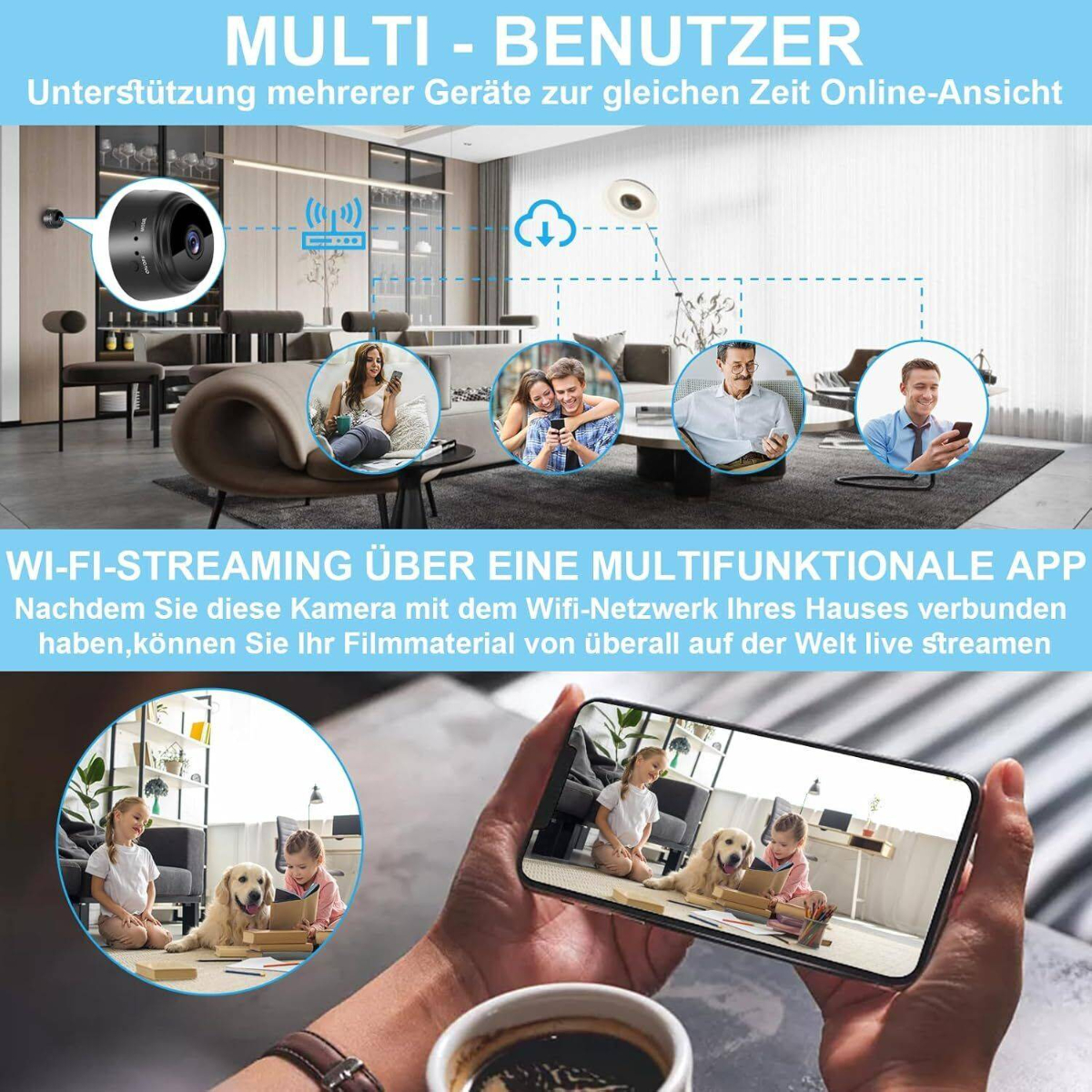 Personen, die Geräte benutzen, verbunden mit einer Kamera. Zeigt Live-Feed auf dem Telefon. Innenraum mit Möbeln.