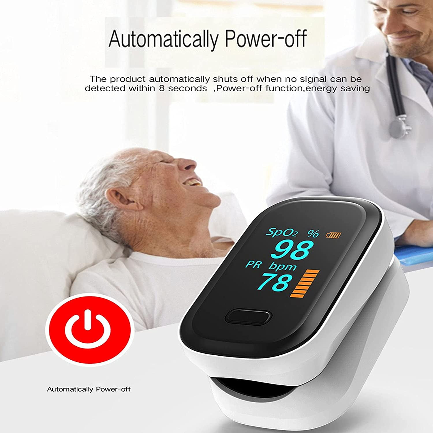 Ein Pulsoximeter an einem Finger, zeigt SpO2 und Herzfrequenz. Ein Arzt im Hintergrund.