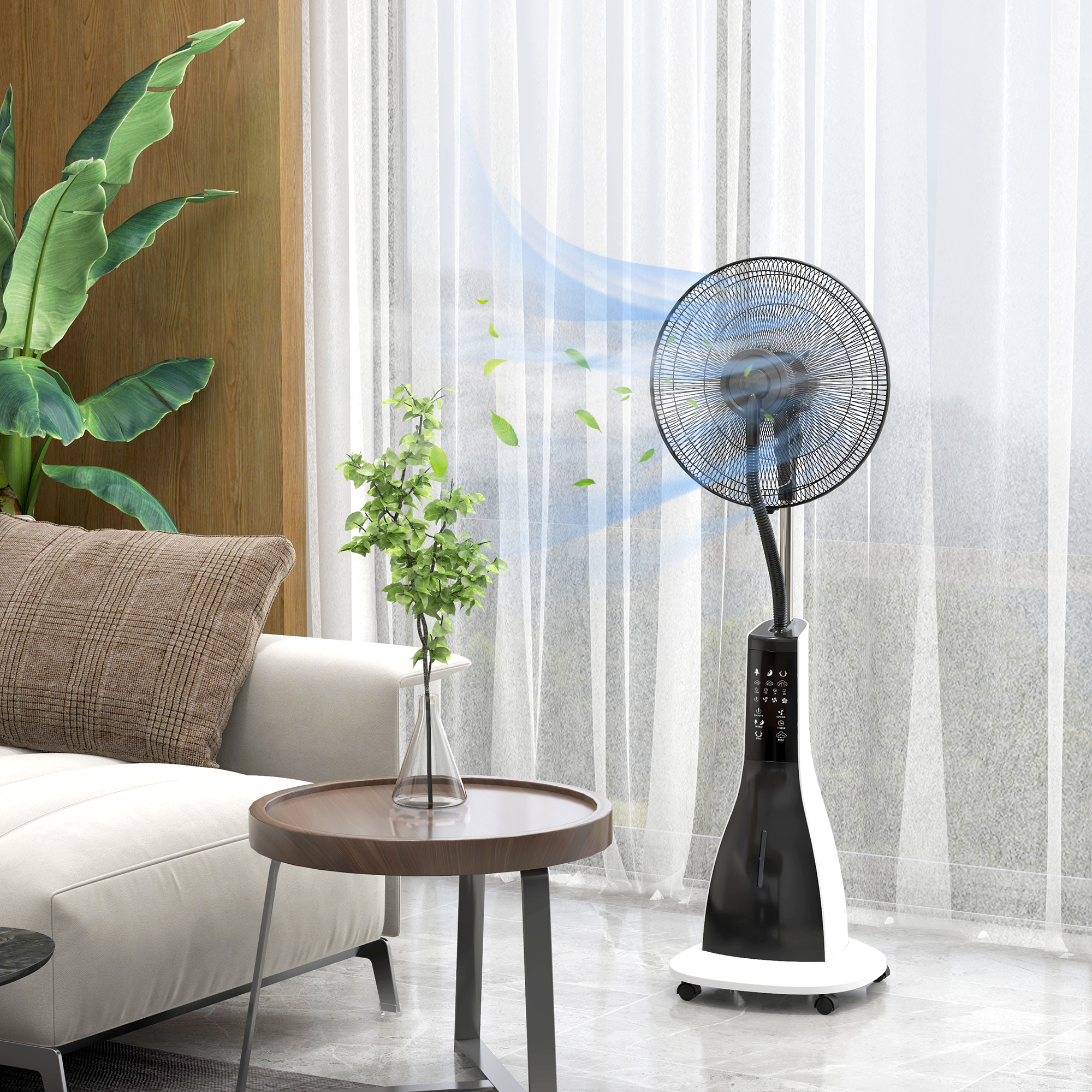 Un ventilador de pie blanco y negro con una planta en un jarrón de cristal frente a una ventana.
