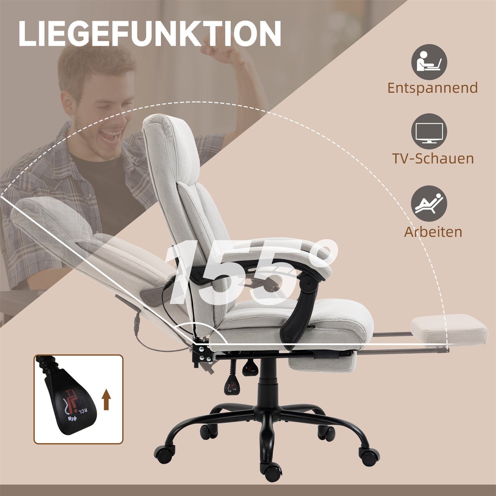 Ein ergonomischer Bürostuhl, der sich um 155 Grad zurücklehnt. Verfügt über eine Fußstütze und Kopfstütze.