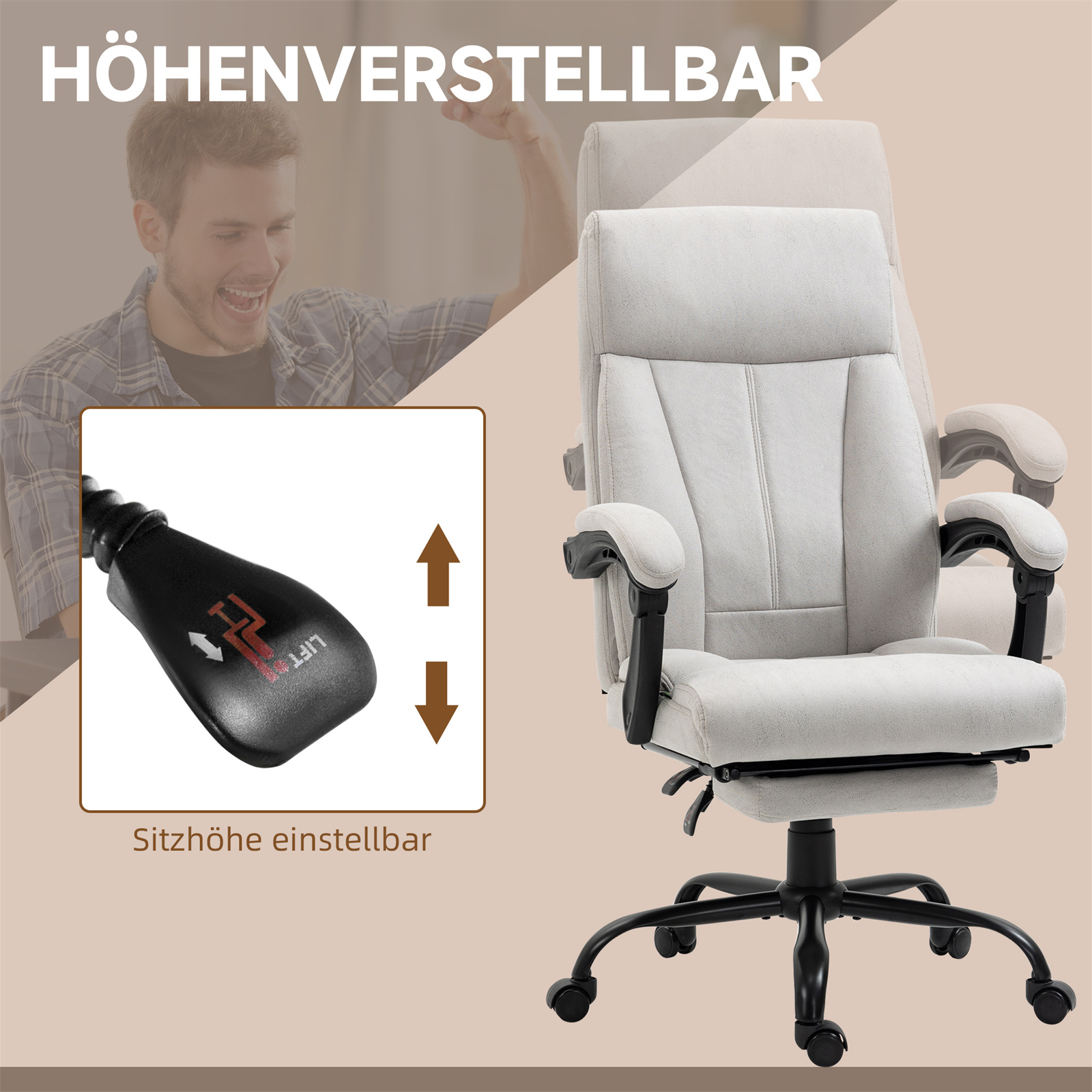 Ein Mann stellt einen weißen Bürostuhl ein. Der Stuhl ist auf Rollen und höhenverstellbar.