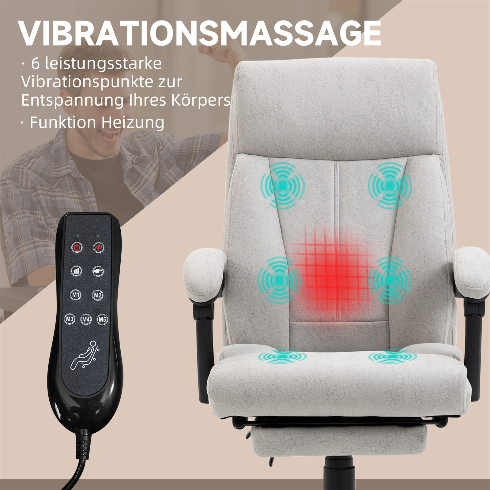 Ein Massagestuhl mit Text über Vibrationsmassage und einer Fernbedienung.