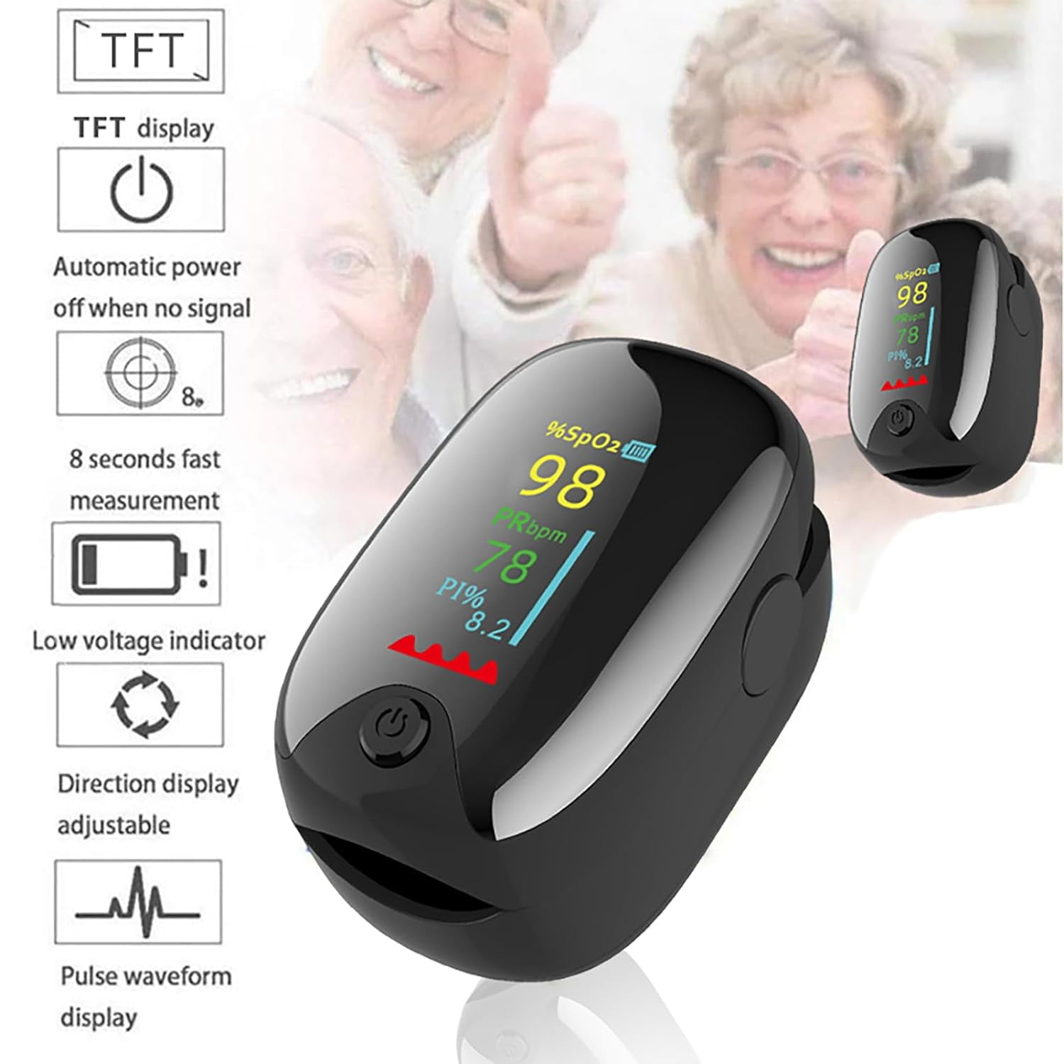 Ein schwarzes Pulsoximeter mit Display und Diagramm mit Funktionen und Verwendung. Personen im Hintergrund.