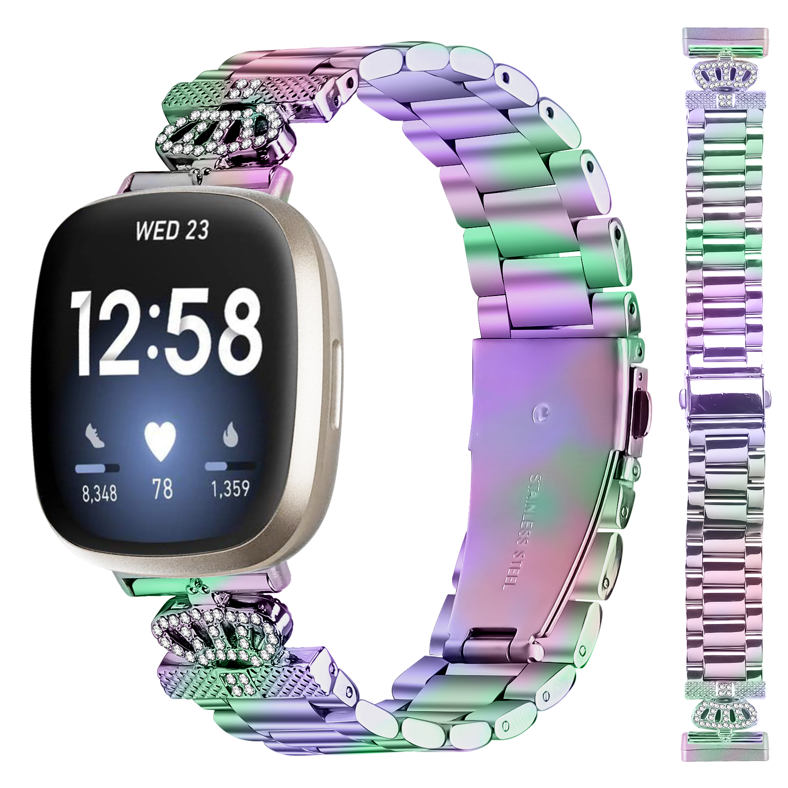Smartwatch mit Metallband, Farbverlauf und dekorativen Elementen.