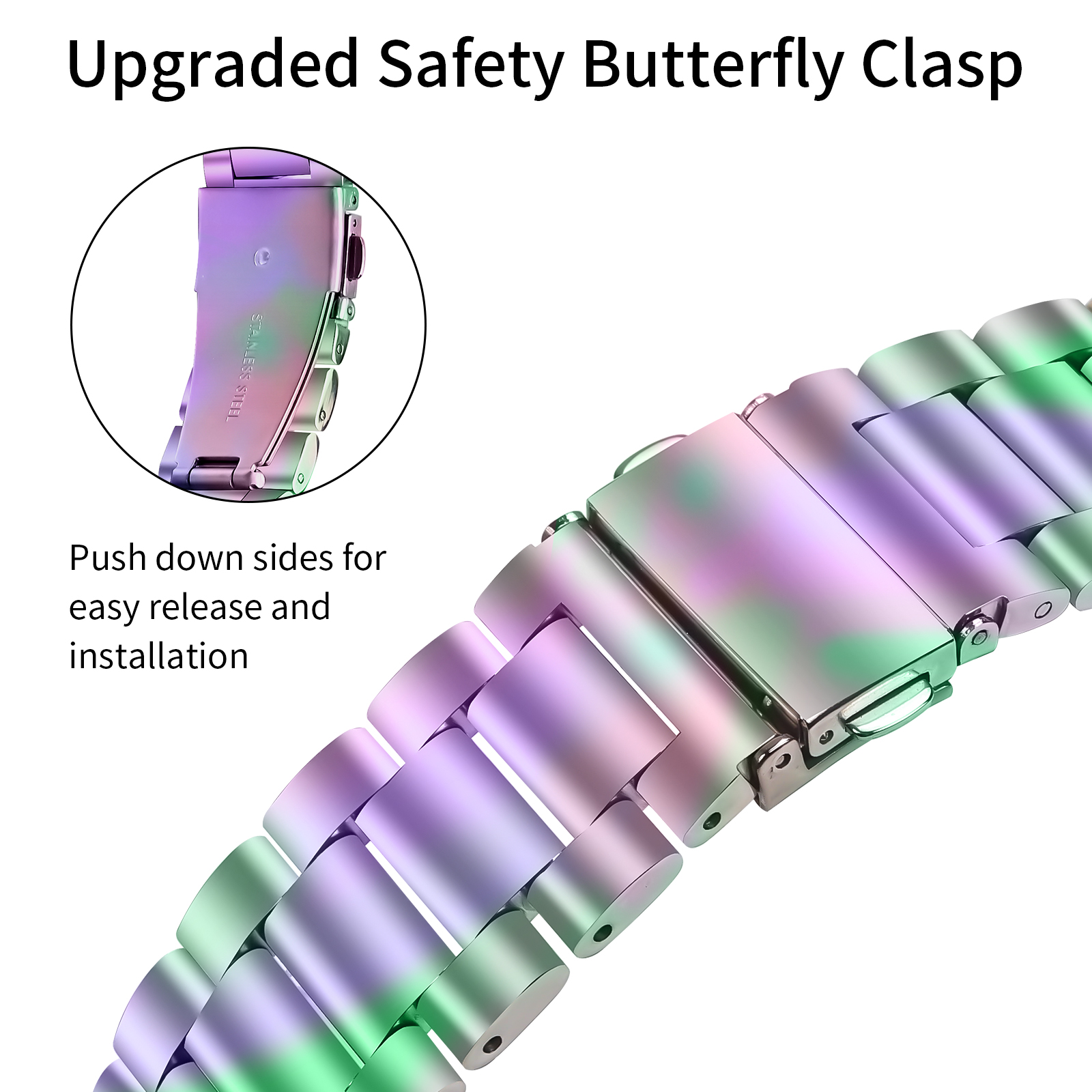 Nahaufnahme eines Armbands mit schillerndem Finish und Butterfly-Verschluss.