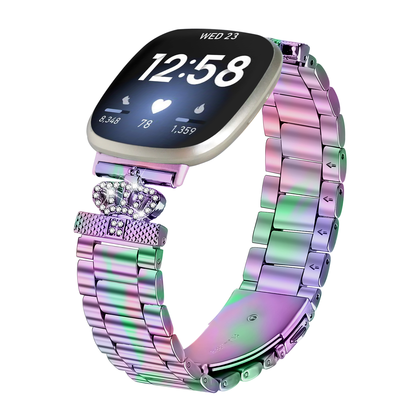 Eine Uhr mit buntem Armband und Kronen-Design. Die Uhr zeigt Zeit und Gesundheitsmetriken an.