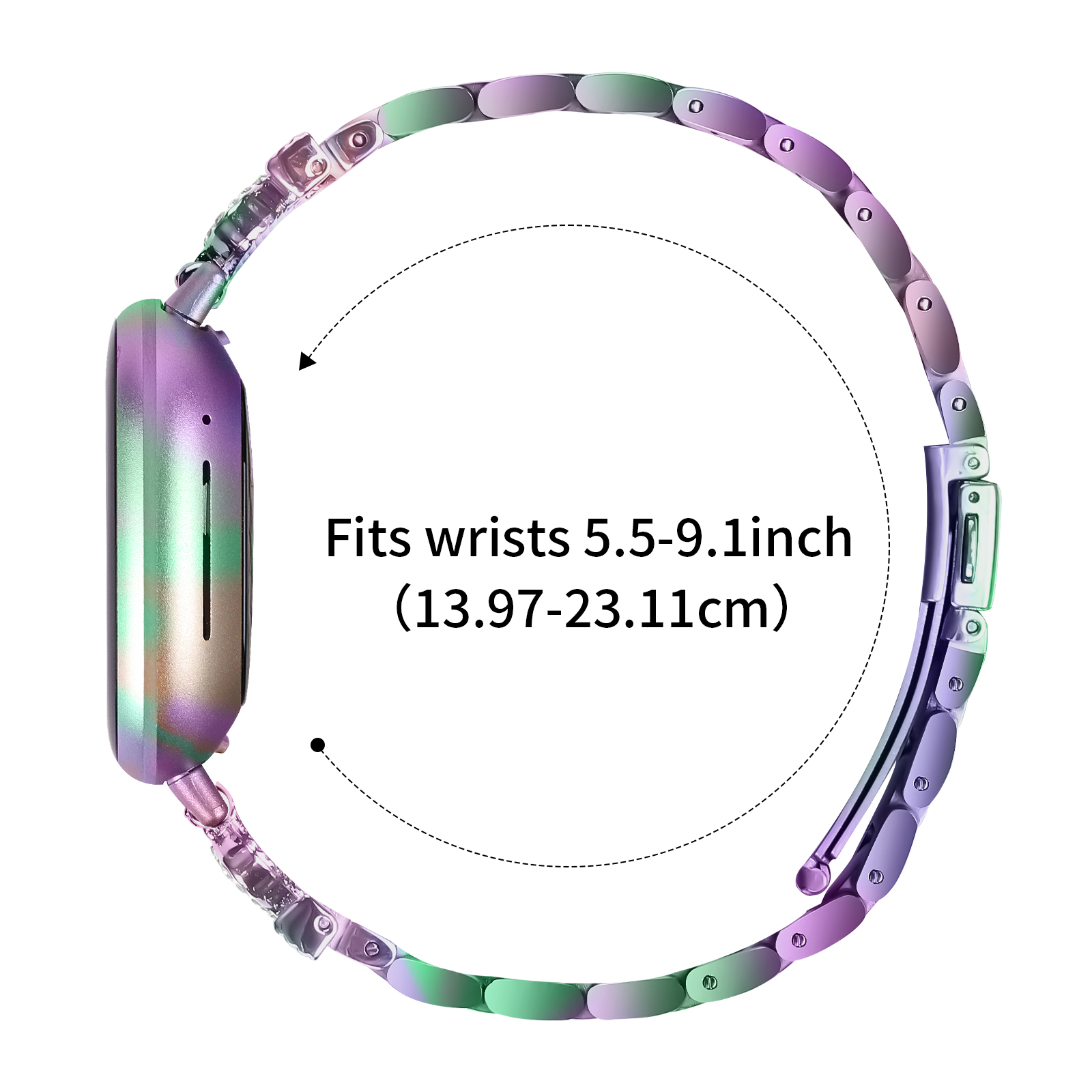 Uhrenarmband mit Farbverlauf. Text zeigt, dass es für Handgelenke von 5,5-9,1 Zoll passt.