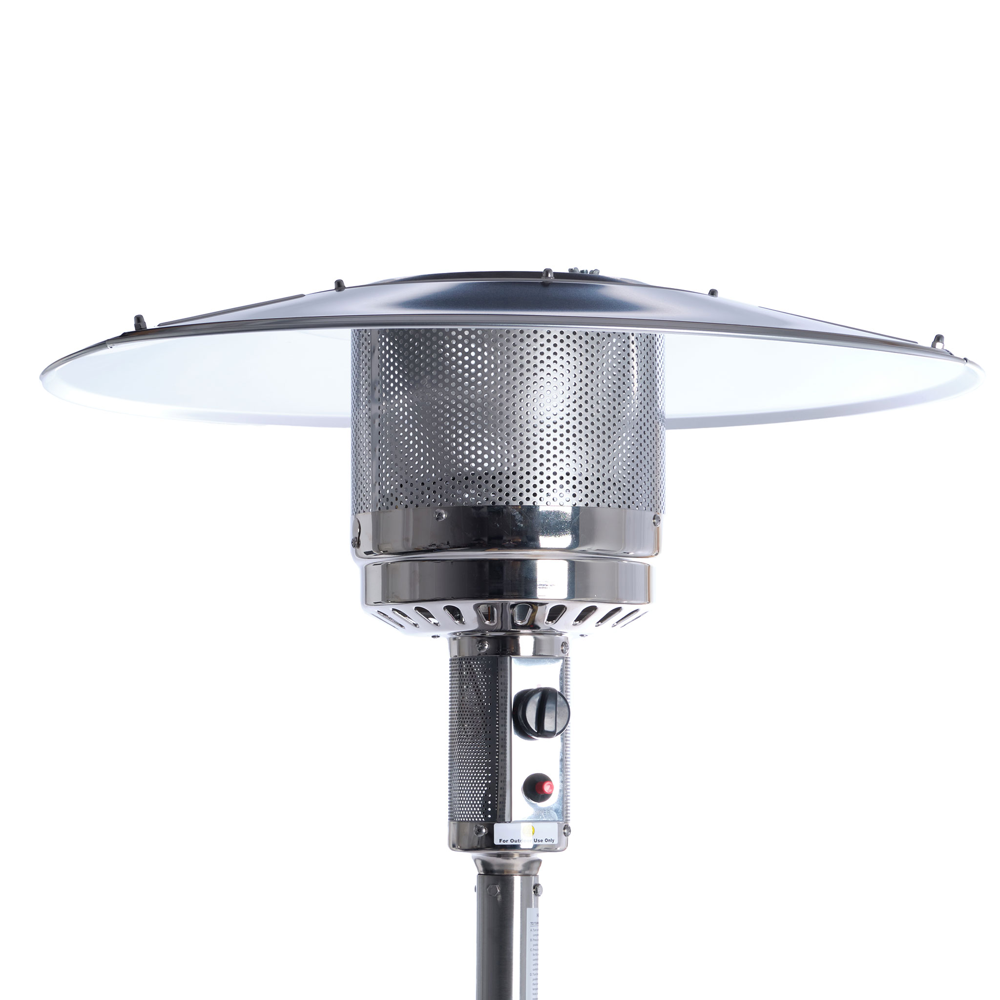 Srebrny grzejnik zewnętrzny z okrągłym blatem, na białym tle.