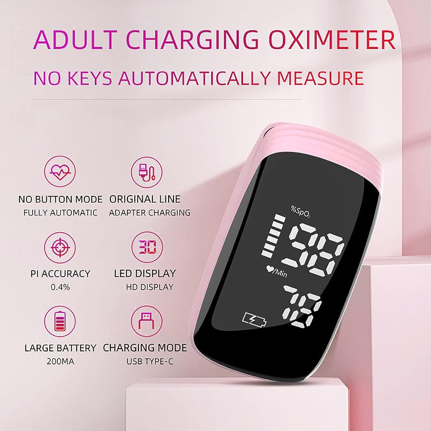 Pinkes Oximeter mit Anzeige von Messwerten und Textbeschriftungen.