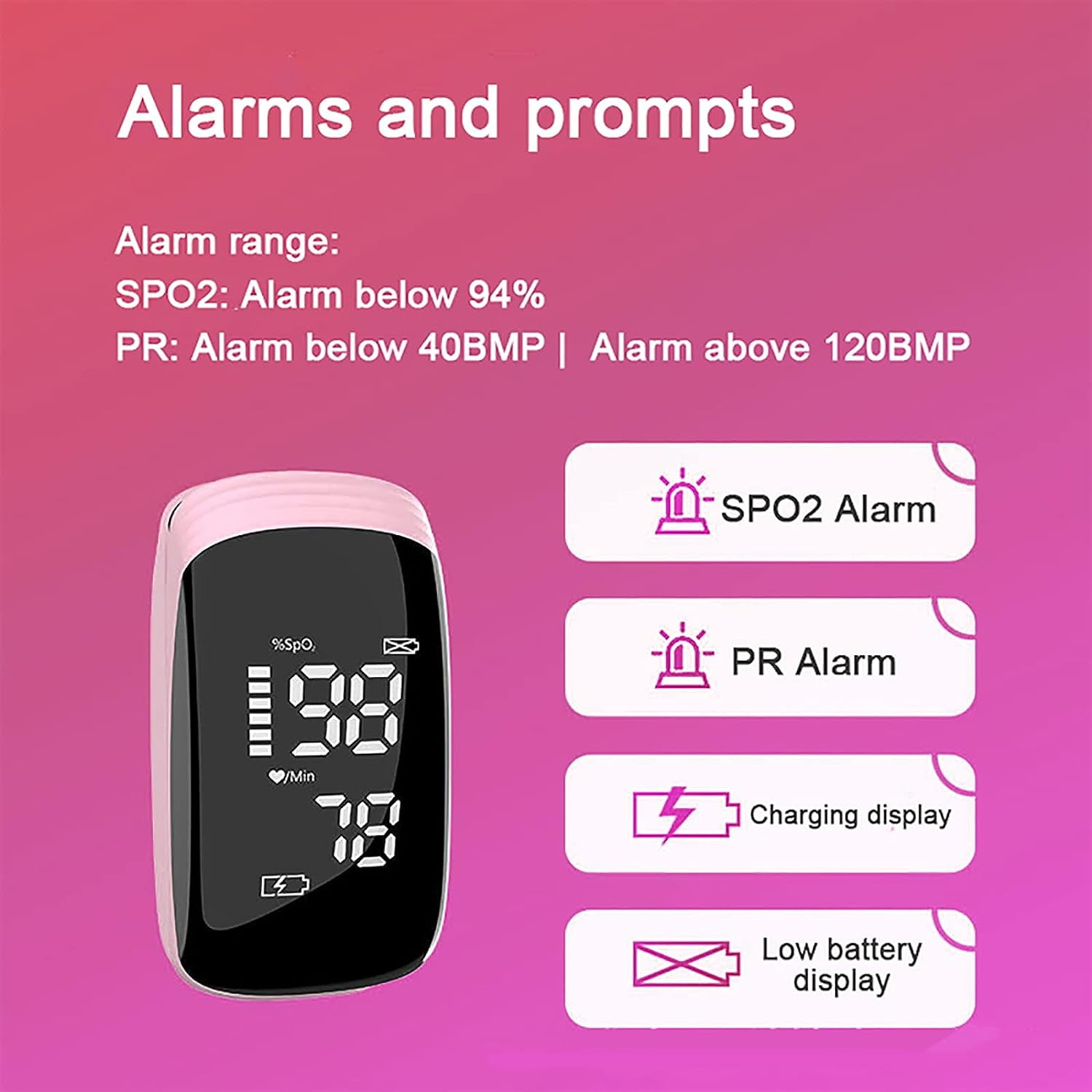 Ein rosa Pulsoximeter mit Zahlen und Aufforderungen, mit Text, der Alarmbereiche angibt.