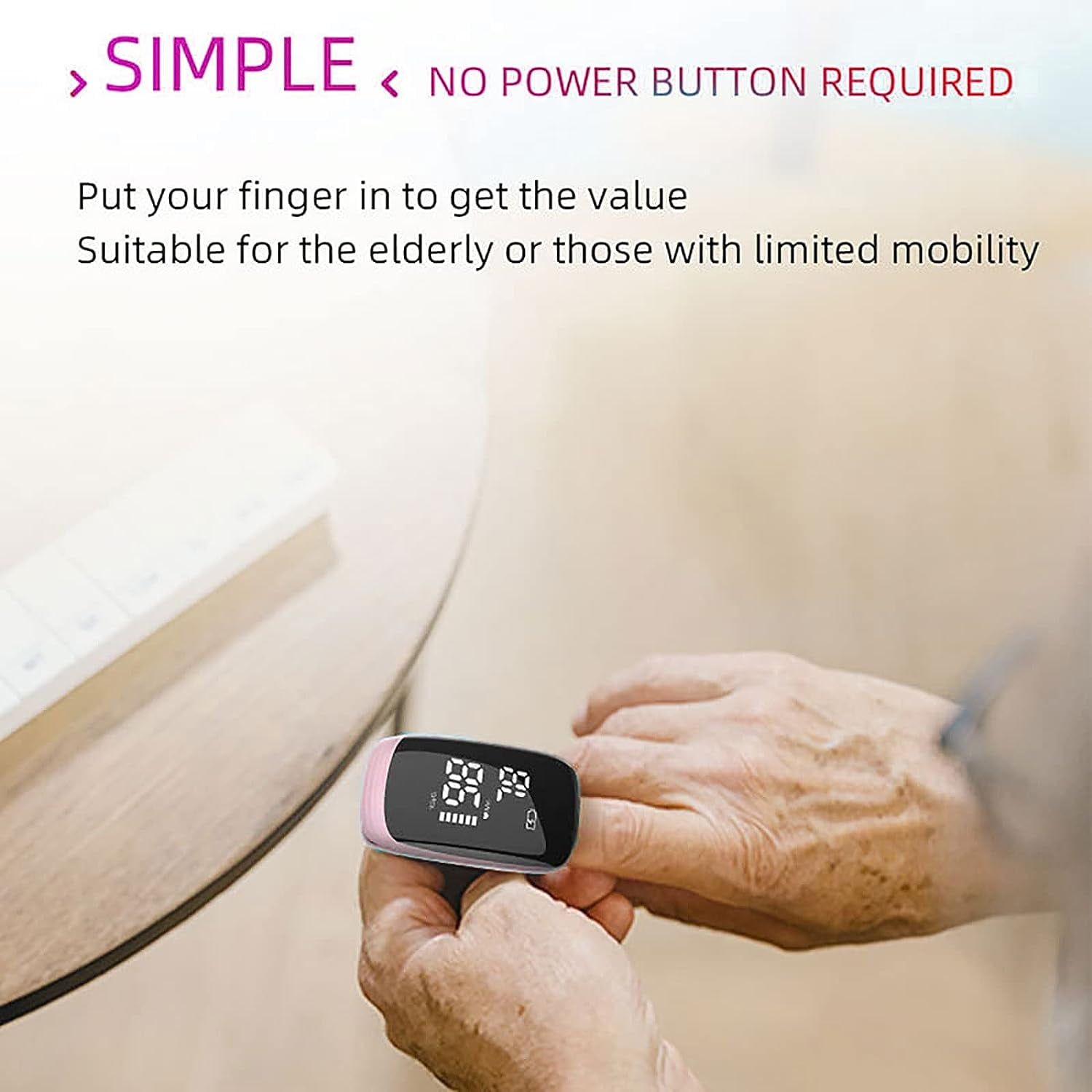 Ein rosa Pulsoximeter an einem Finger, das Messwerte anzeigt. Der Text betont die Einfachheit.