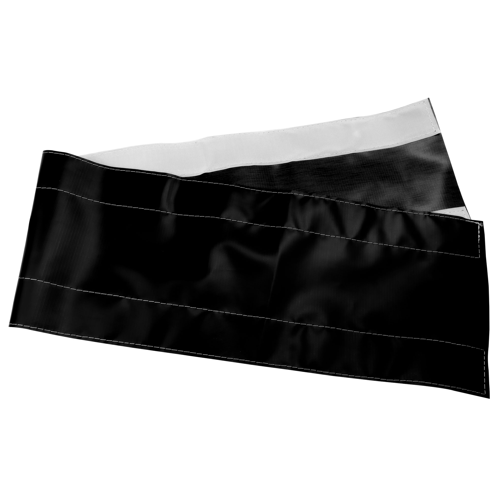 Czarny materiał, złożony, z białymi szwami. Biała górna krawędź. Prostokątny kształt.