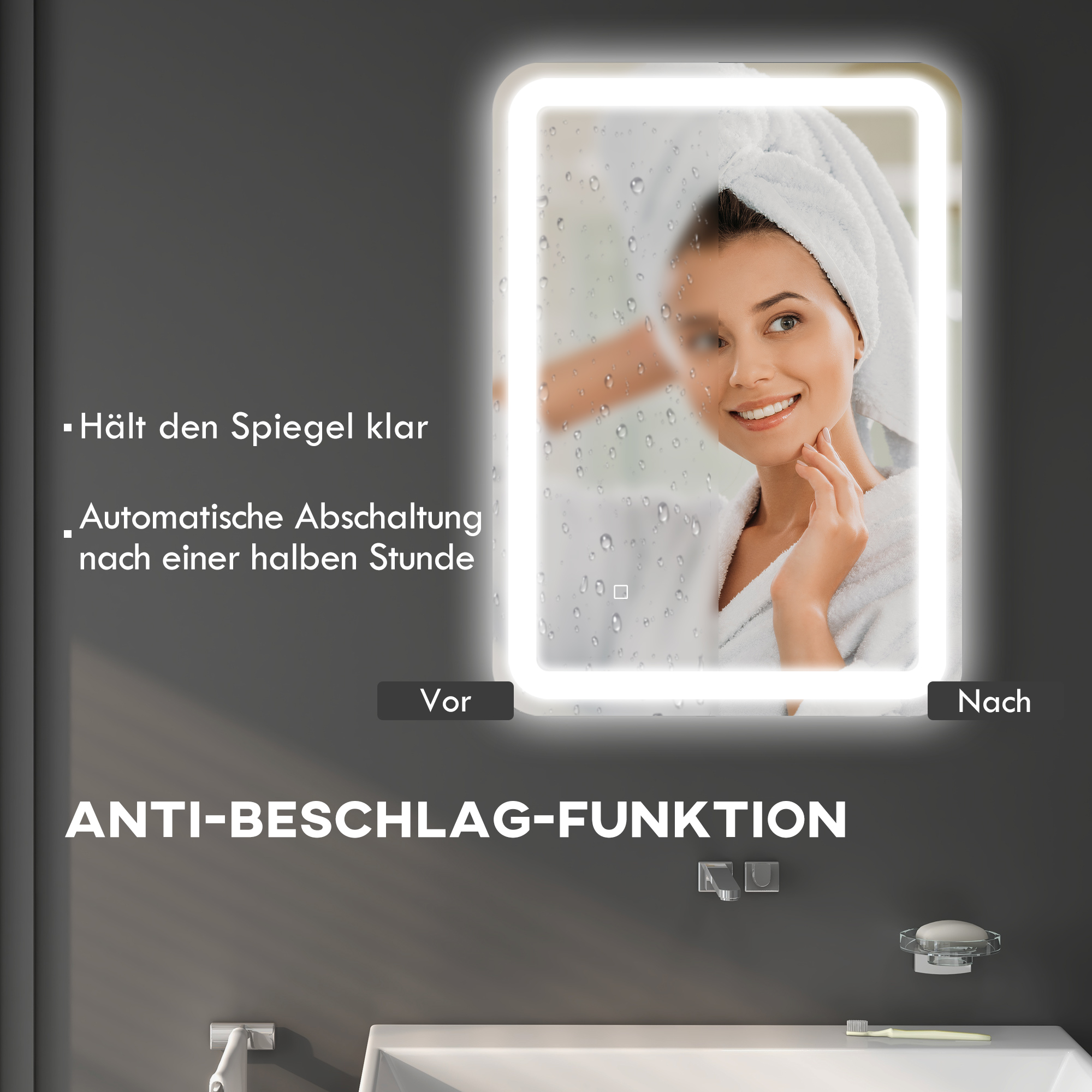 Frau im weißen Bademantel mit Handtuch auf dem Kopf blickt in einen beleuchteten Spiegel mit Wassertropfen.