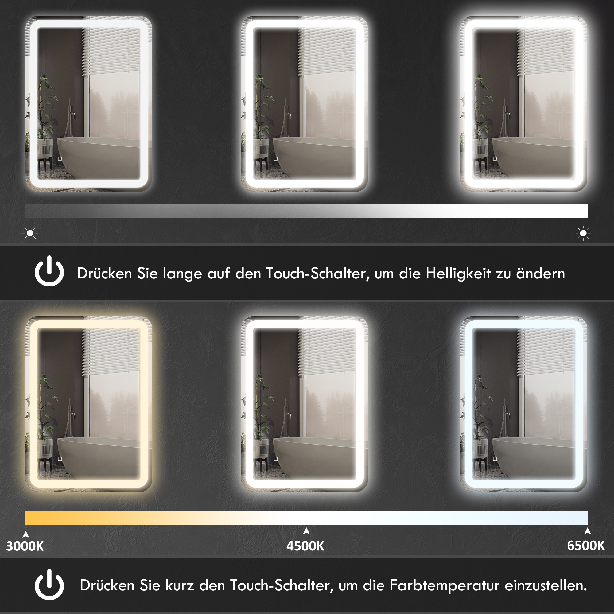 Spiegel mit einstellbaren Lichteinstellungen. Zeigt verschiedene Lichtfarbtemperaturen, von warm bis kühl.