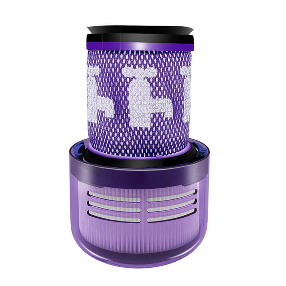 Filtro per aspirapolvere viola con rete bianca e sezioni superiore e inferiore piene, su sfondo bianco.
