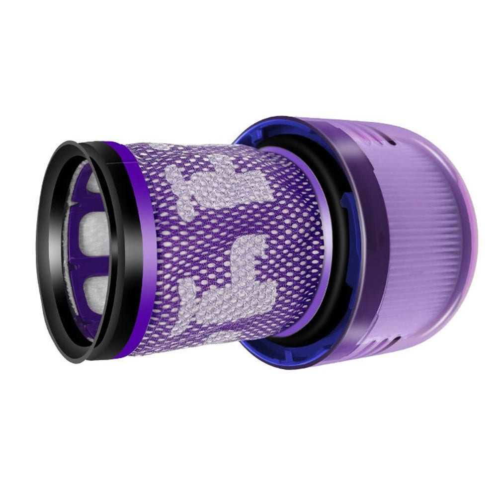 Filtro per aspirapolvere viola con rete bianca e componenti neri e viola.