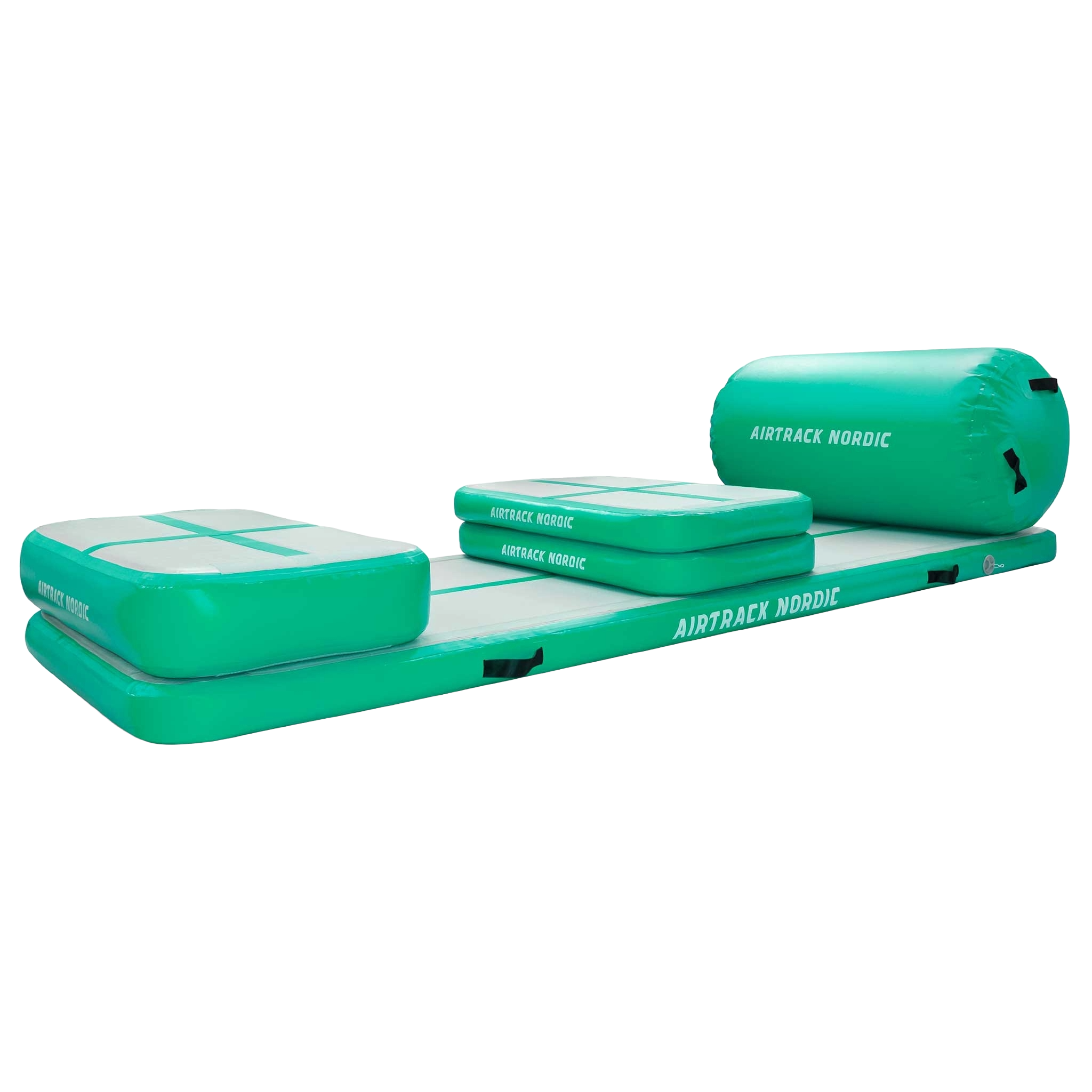 Zielony zestaw gimnastyczny Airtrack Nordic z matami i cylindrycznym wałkiem powietrznym.