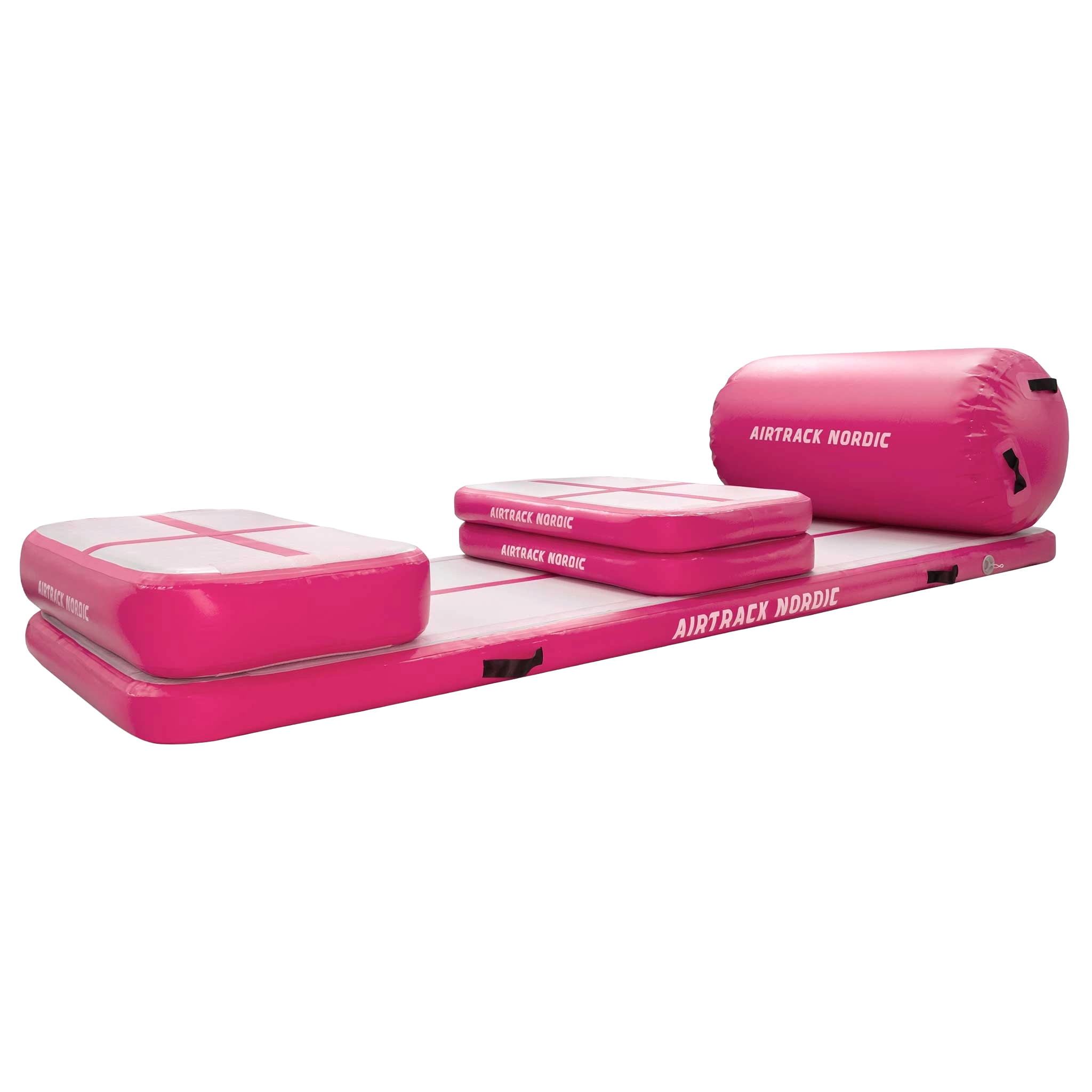 Różowe nadmuchiwane maty gimnastyczne i walec, z marką 'Airtrack Nordic'.