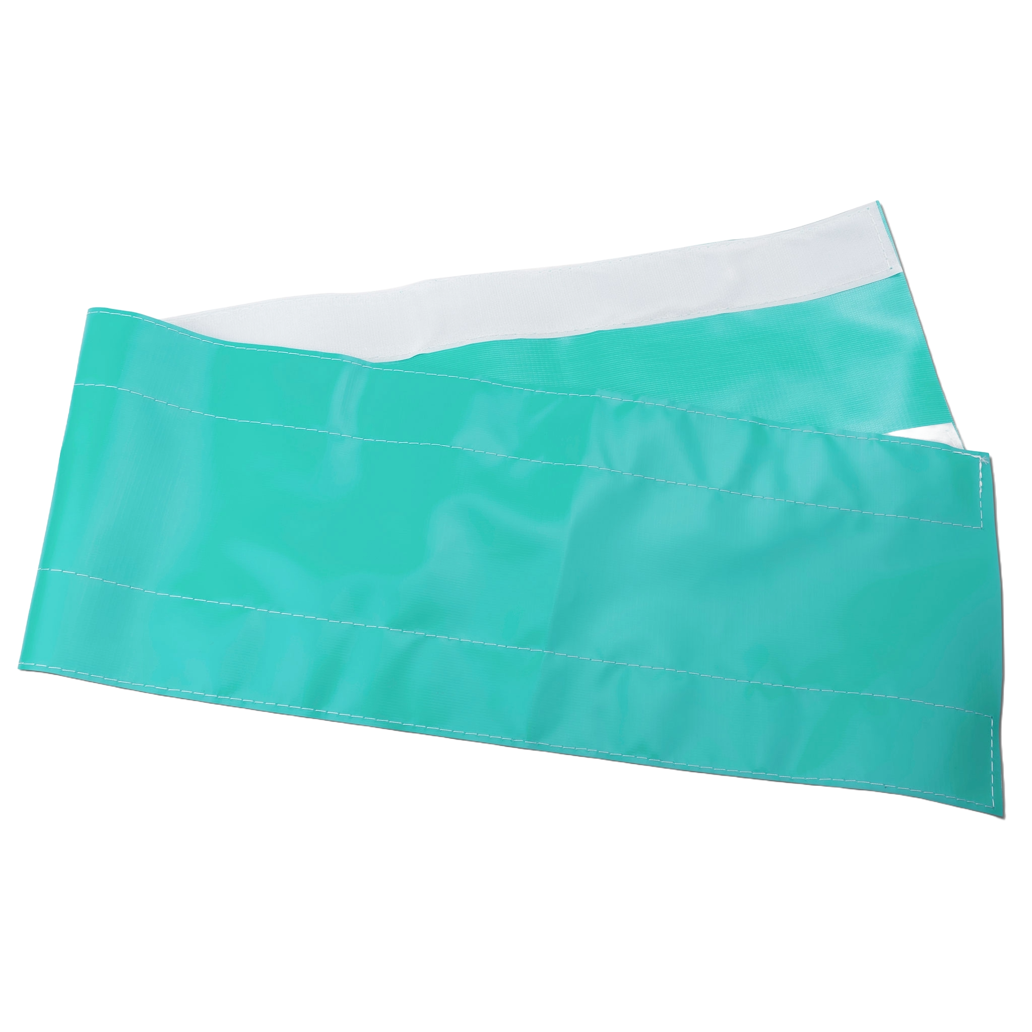 Dwa długie, jasnoniebieskie, elastyczne paski z białym wykończeniem. Białe tło.