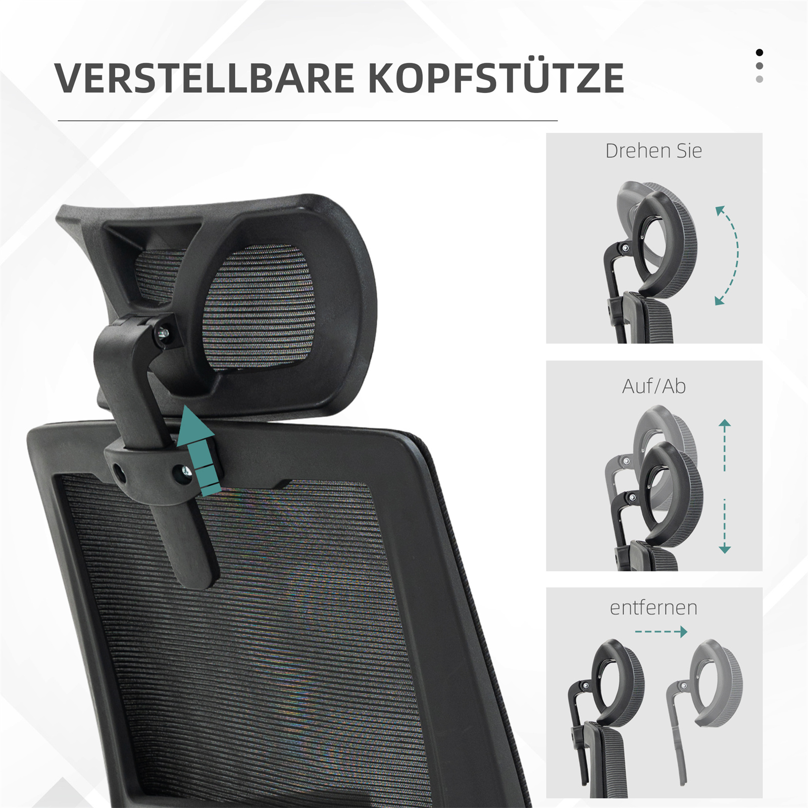 Schwarze Bürostuhl-Kopfstütze mit Einstellungsdiagrammen: drehen, rauf/runter und entfernen.