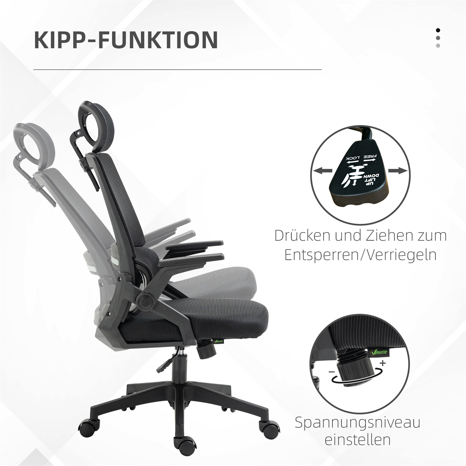 Ein ergonomischer Bürostuhl mit Kippfunktion, einschließlich Kopf- und Lendenwirbelstütze und verstellbaren Einstellungen.