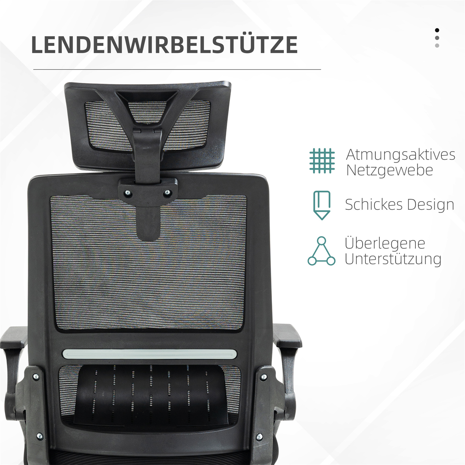 Nahaufnahme einer schwarzen Bürostuhlrückseite mit Kopfstütze und Lendenwirbelstütze, Netz und Funktionen.