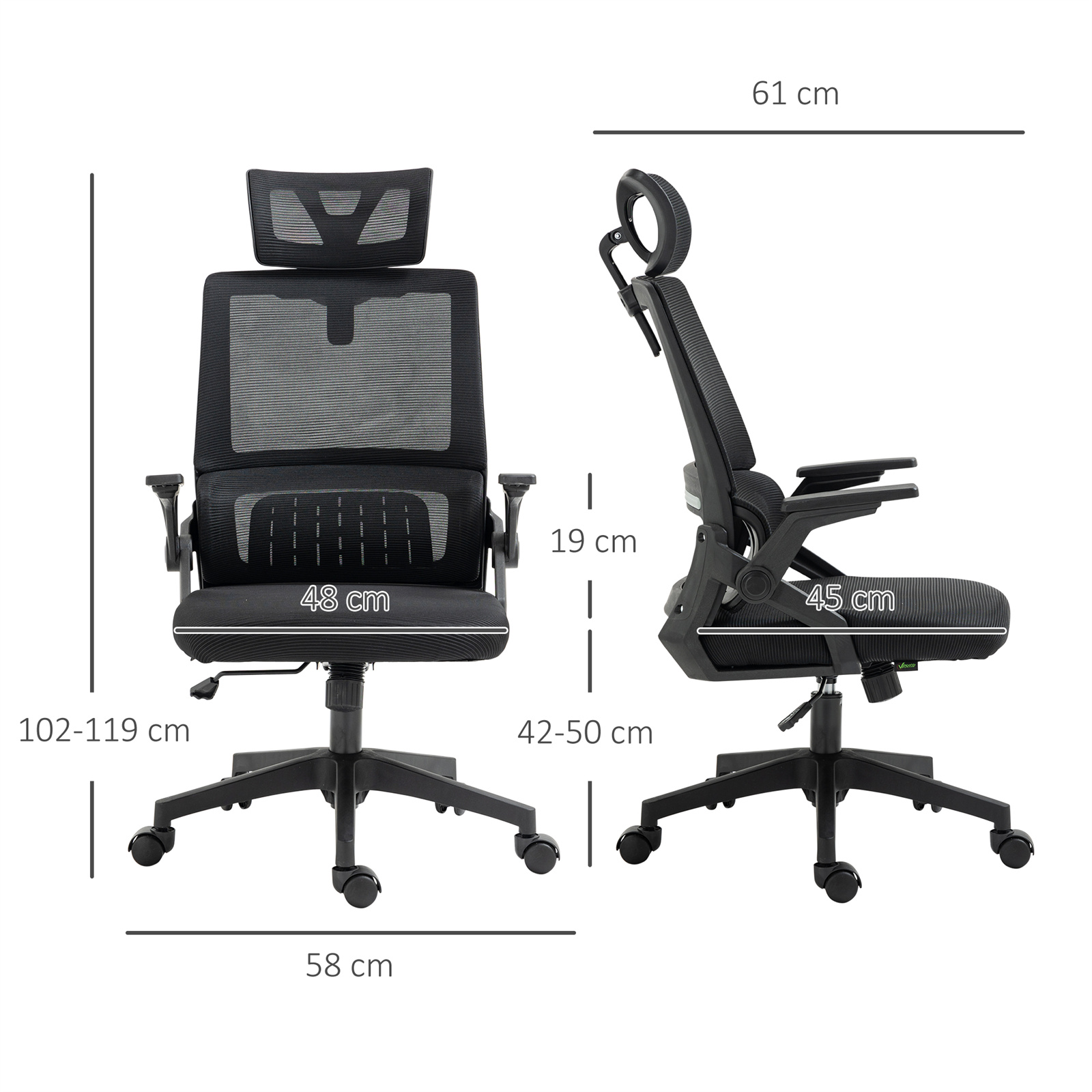 Schwarzer ergonomischer Bürostuhl. Abmessungen sind beschriftet. Inklusive Kopfstütze und Armlehnen.