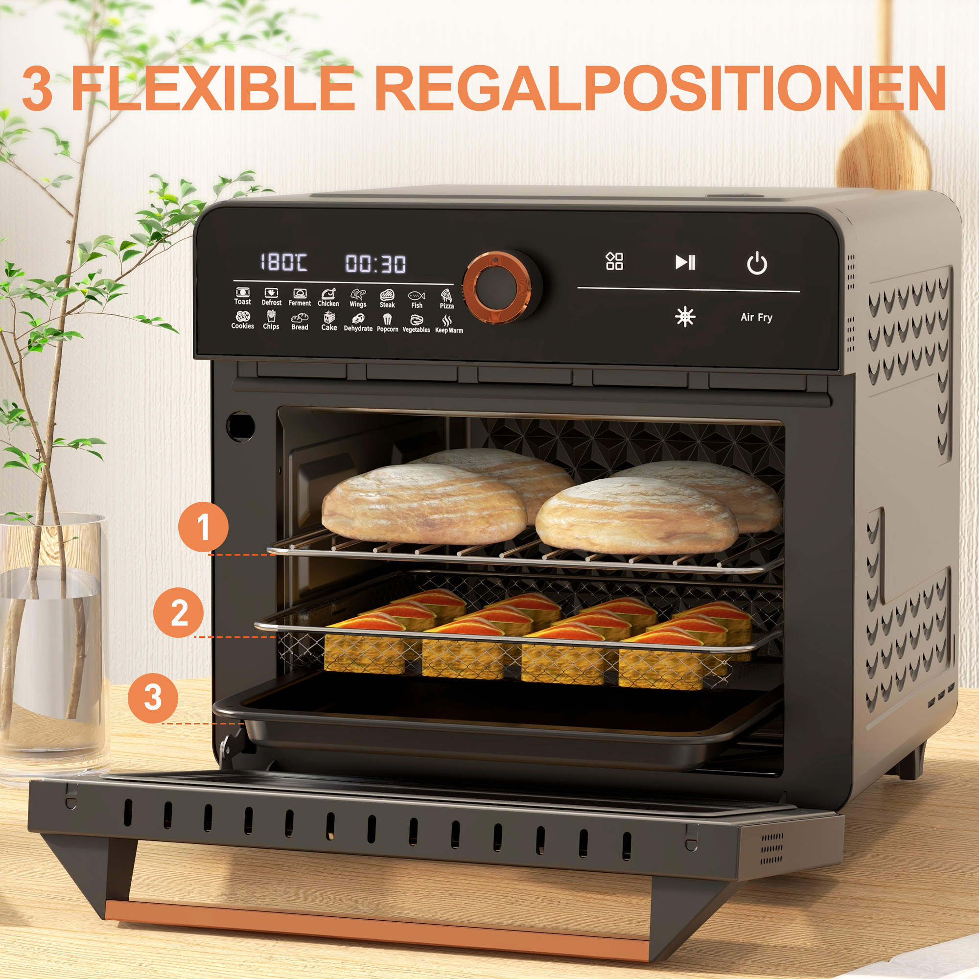 Heißluftfritteuse mit Essen auf den Rosten.