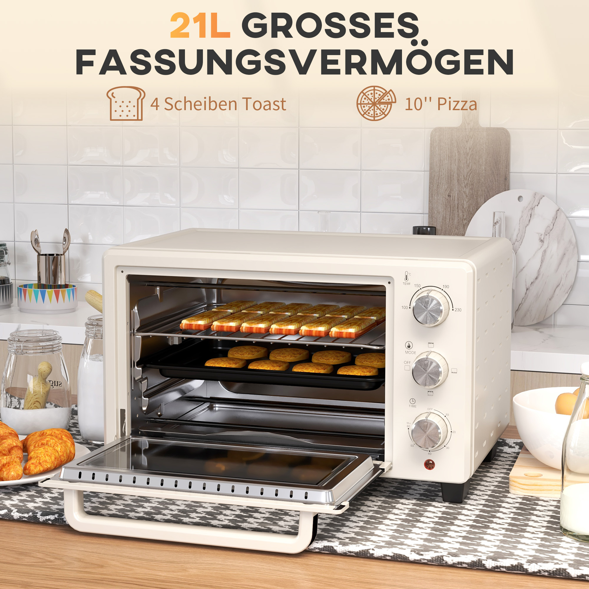 Cremefarbener Ofen mit offener Tür. Zeigt Tabletts mit Essen. Text zeigt 21L Kapazität.