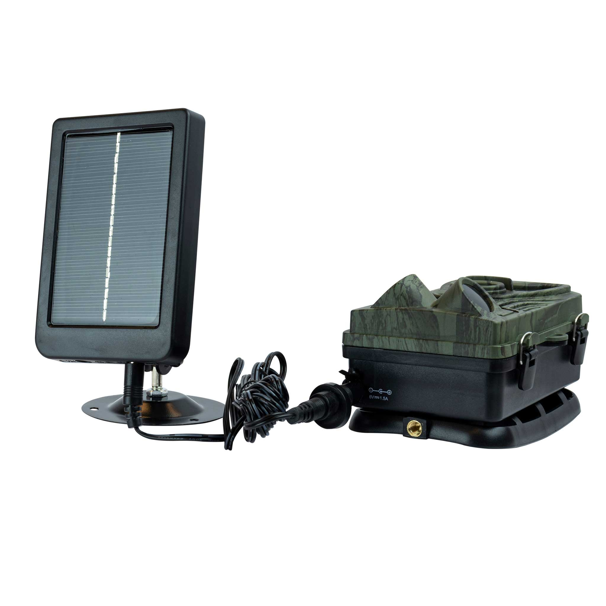Ein Solarpanel und eine schwarze Wildkamera. Die Wildkamera ist mit einem Kabel an das Solarpanel angeschlossen.
