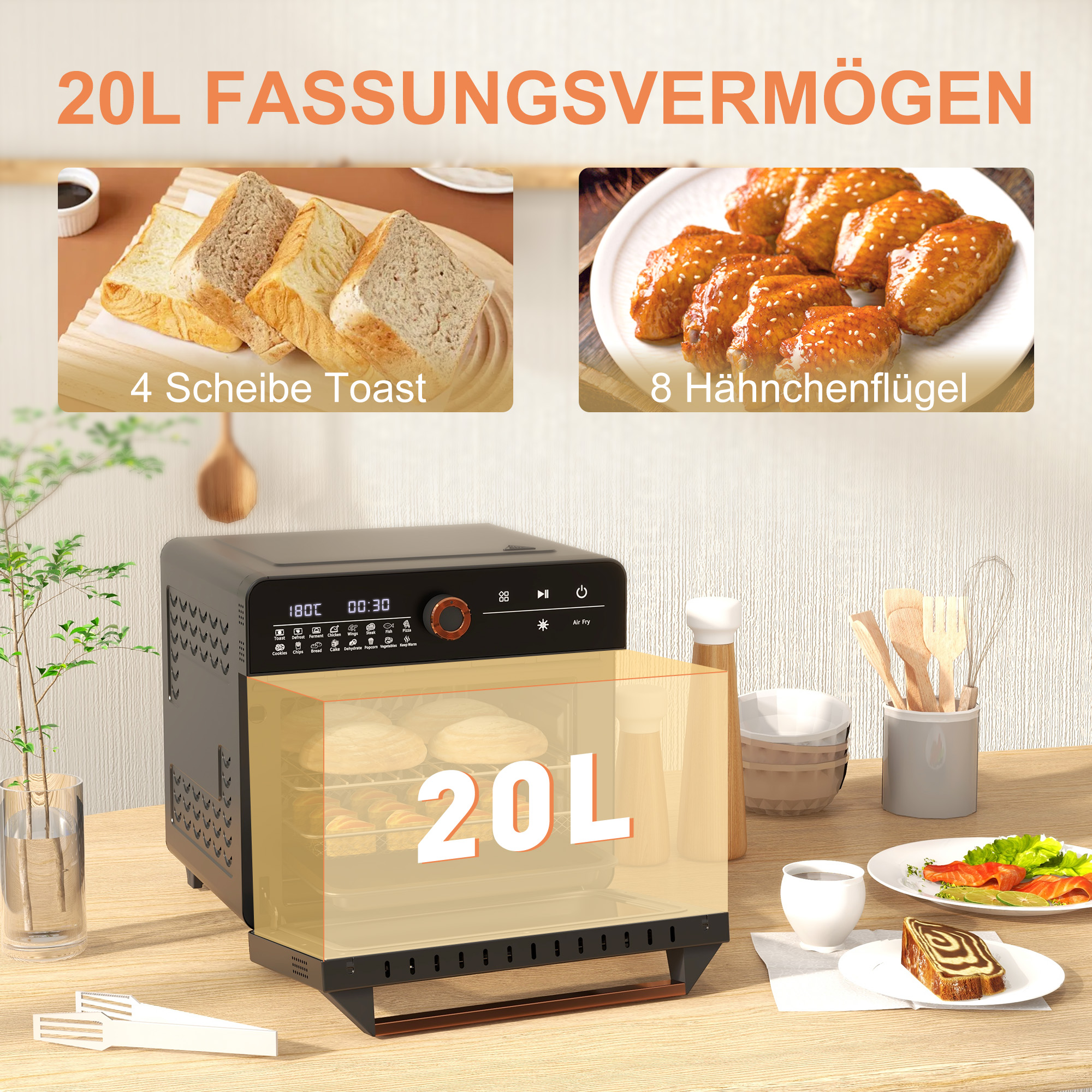 Heißluftfritteuse mit Toast und Hähnchenflügeln. Speisen auf einem Holztisch.