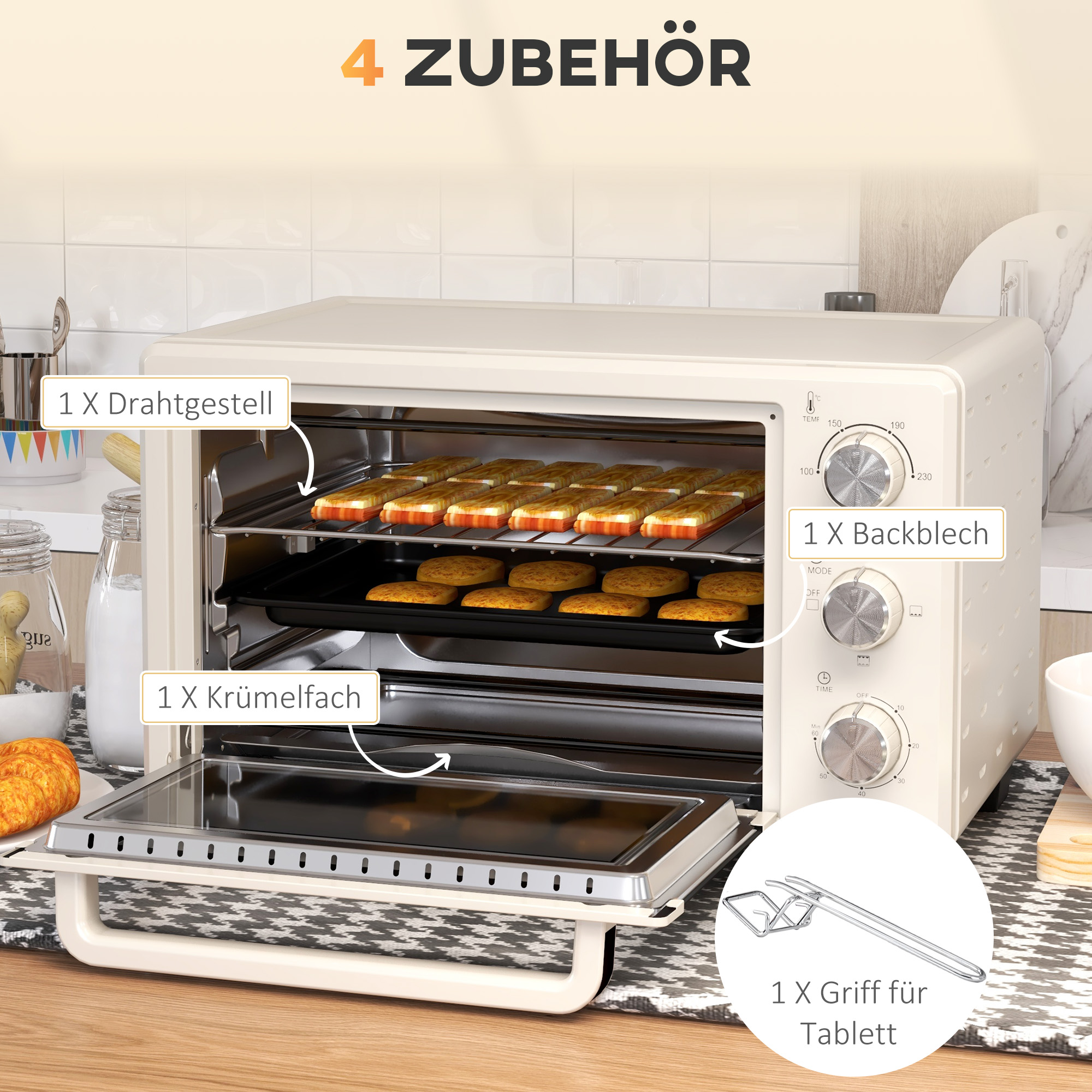 Ein Backofen mit einem Blech mit Keksen, einem Blech mit Brot und Zubehör. Auf Deutsch beschriftet.