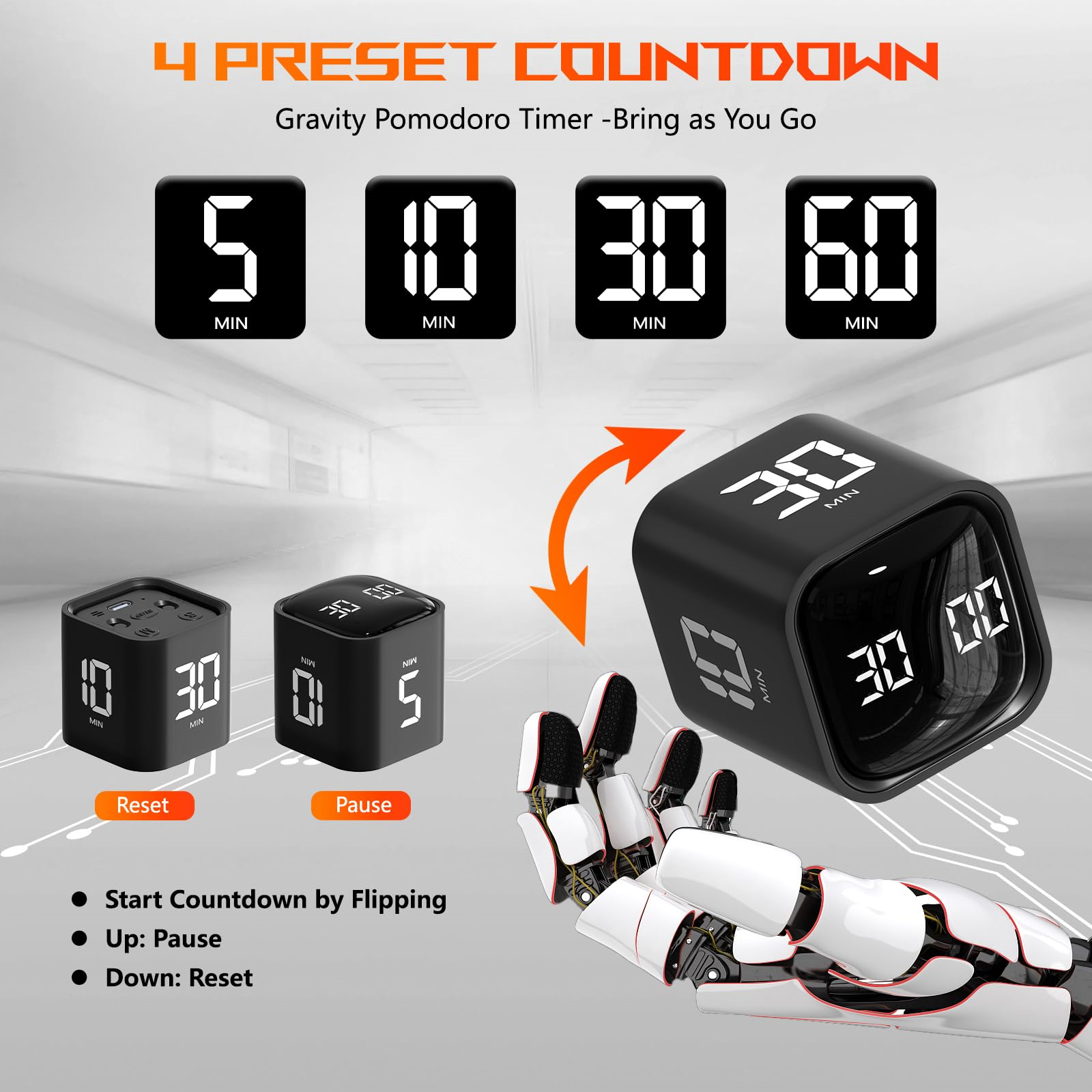 Ein schwarzer Timer mit vier voreingestellten Countdown-Zeiten und einer weißen Roboterhand.