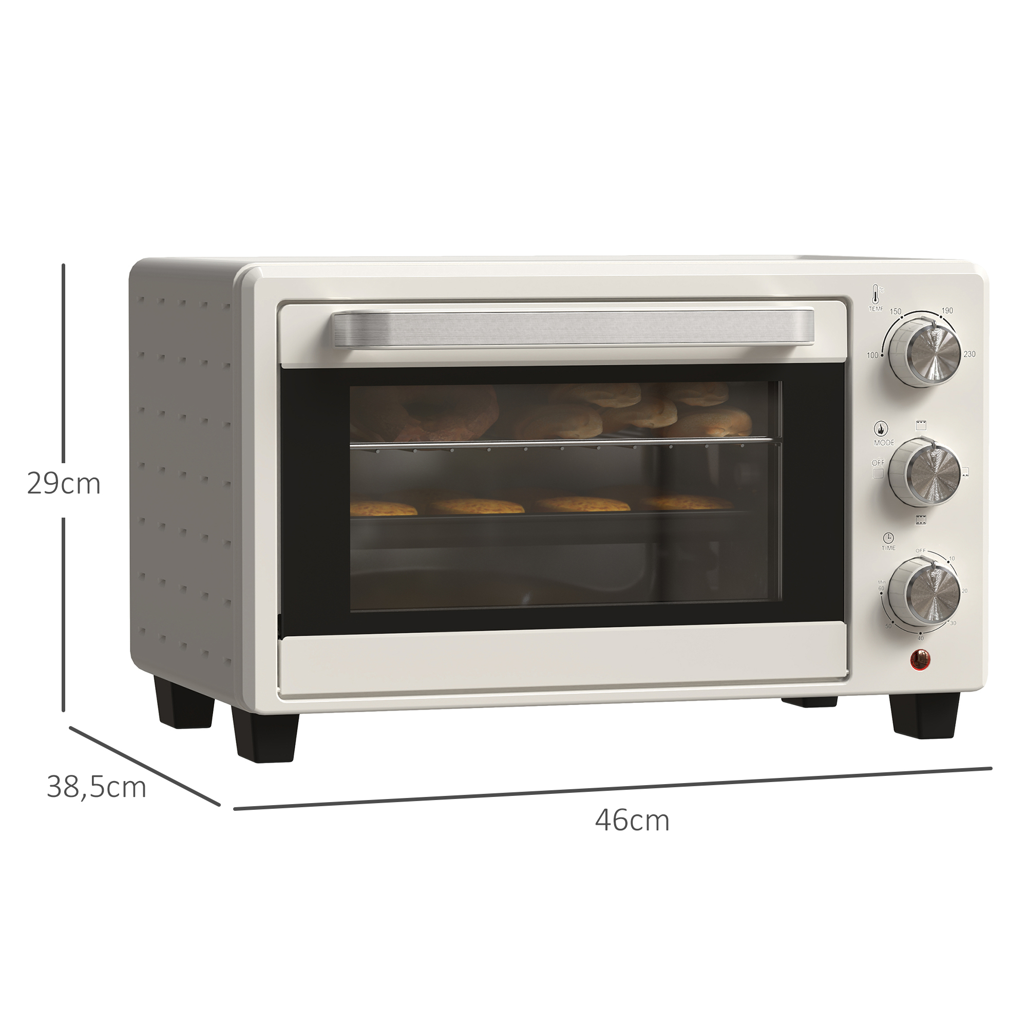 Ein cremefarbener Mini-Backofen mit in Zentimetern angegebenen Abmessungen. Er hat eine Glastür und Bedienknöpfe.