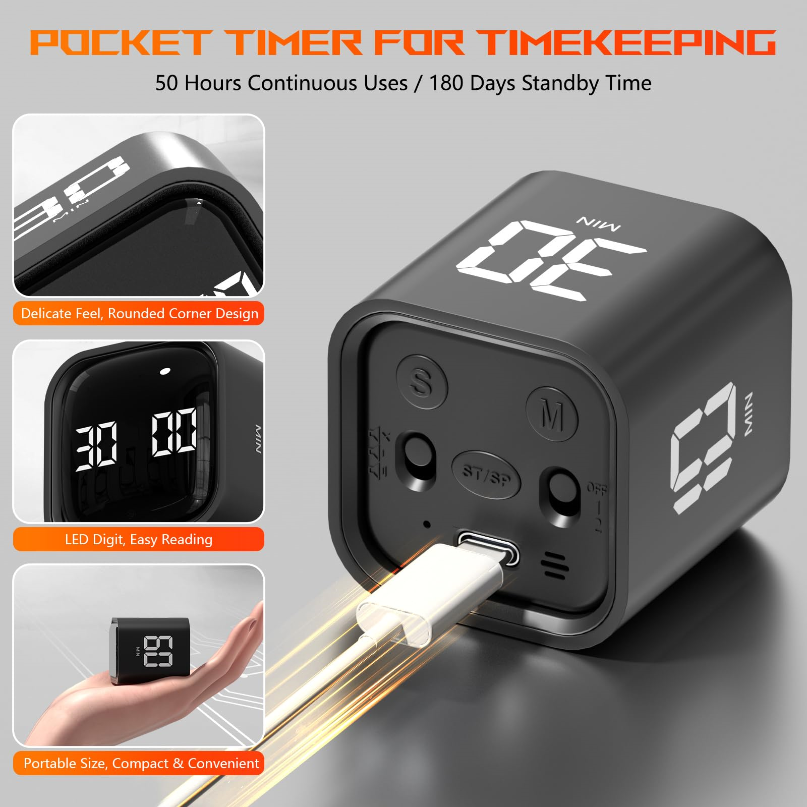 Ein schwarzer digitaler Timer mit einem weißen USB-Kabel, das eingesteckt ist, mit digitaler Anzeige.