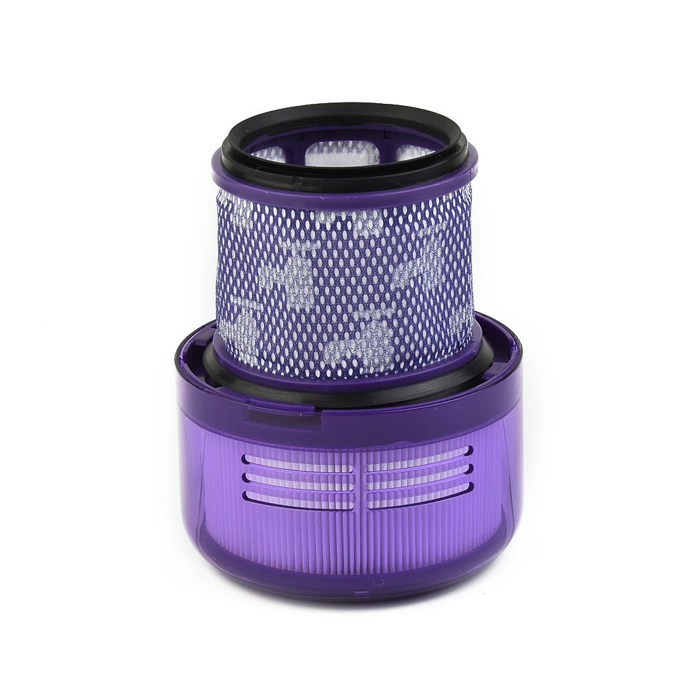 Un filtro per aspirapolvere viola. È fatto di plastica e ha uno schermo a rete.