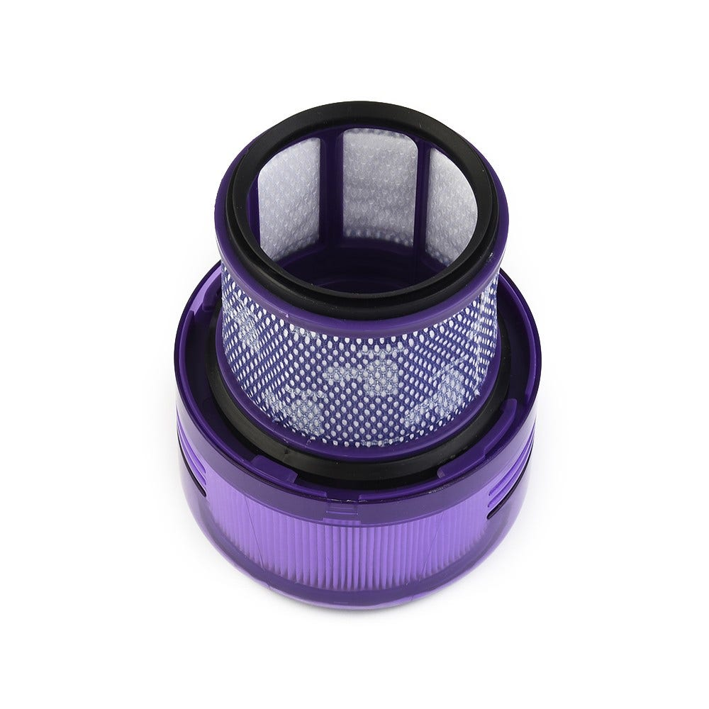 Un filtro per aspirapolvere viola con materiale filtrante bianco all'interno, visto dall'alto.