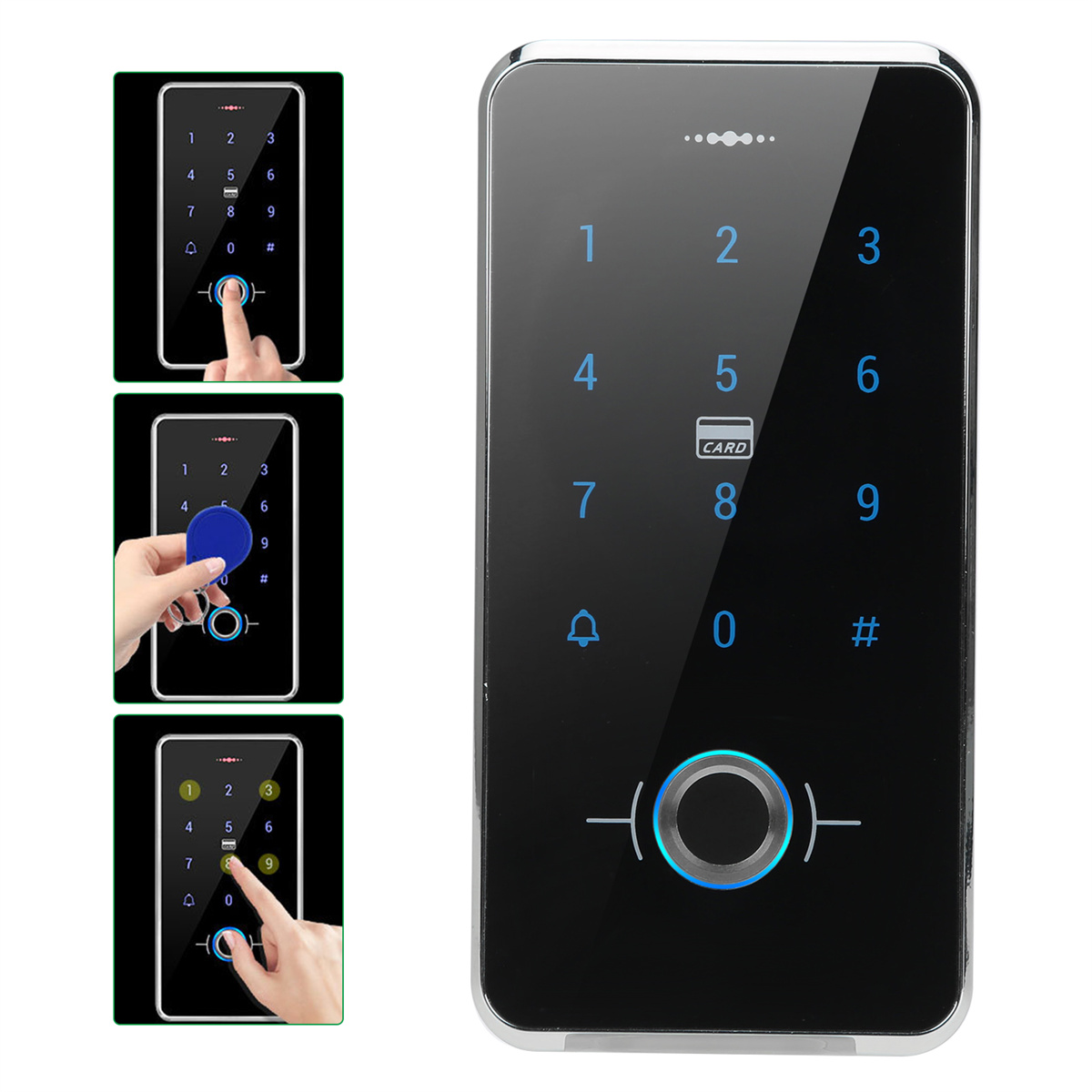 Schwarzes digitales Türschloss mit Tastatur, Kartenleser und Fingerabdrucksensor. Drei Schritte sind gezeigt.