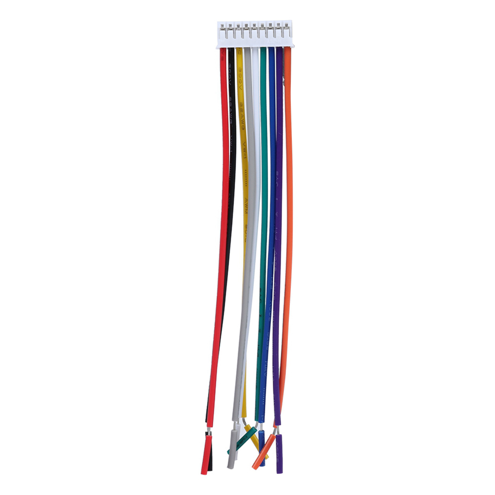 Mehrfarbige Drähte, verbunden mit weißem Stecker, darunter rot, gelb und blau.