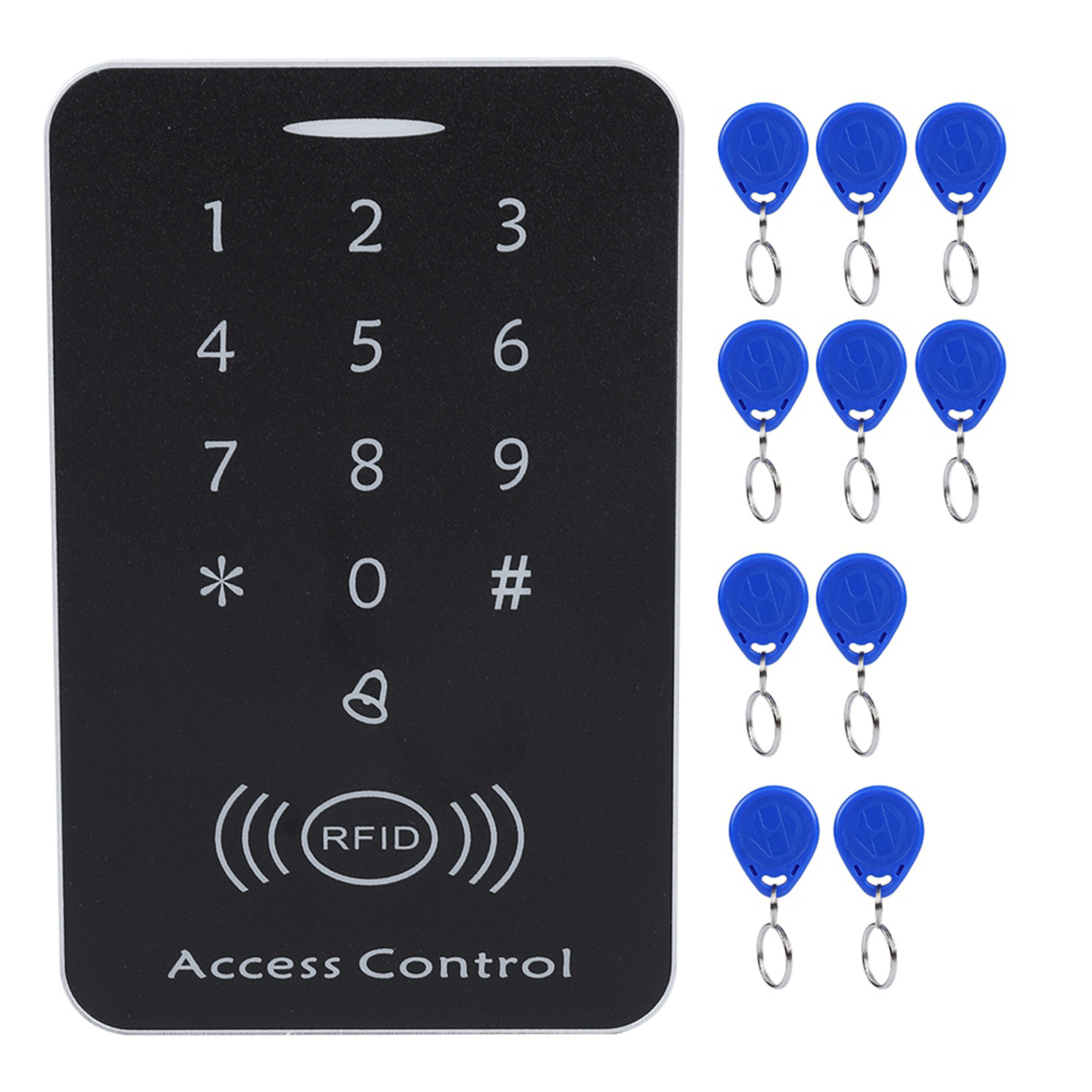 Ein Zutrittskontroll-Tastaturfeld und blaue Schlüsselanhänger.